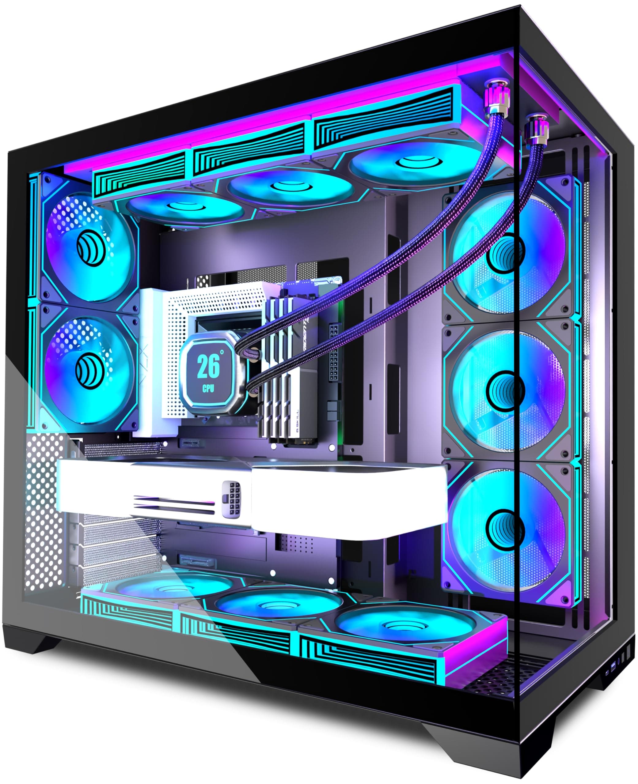 ANSAITE ATX PC-Gehäuse 9×120 mm ARGB PWM-Lüfter vorinstalliert ，Mid-Tower Gaming PC-Gehäuse, Panorama-Gehärtetes Glas Schwarz Computer-Gehäuse mit Typ-C, 360mm Radiator Unterstützung，H-D9 (Schwarz)