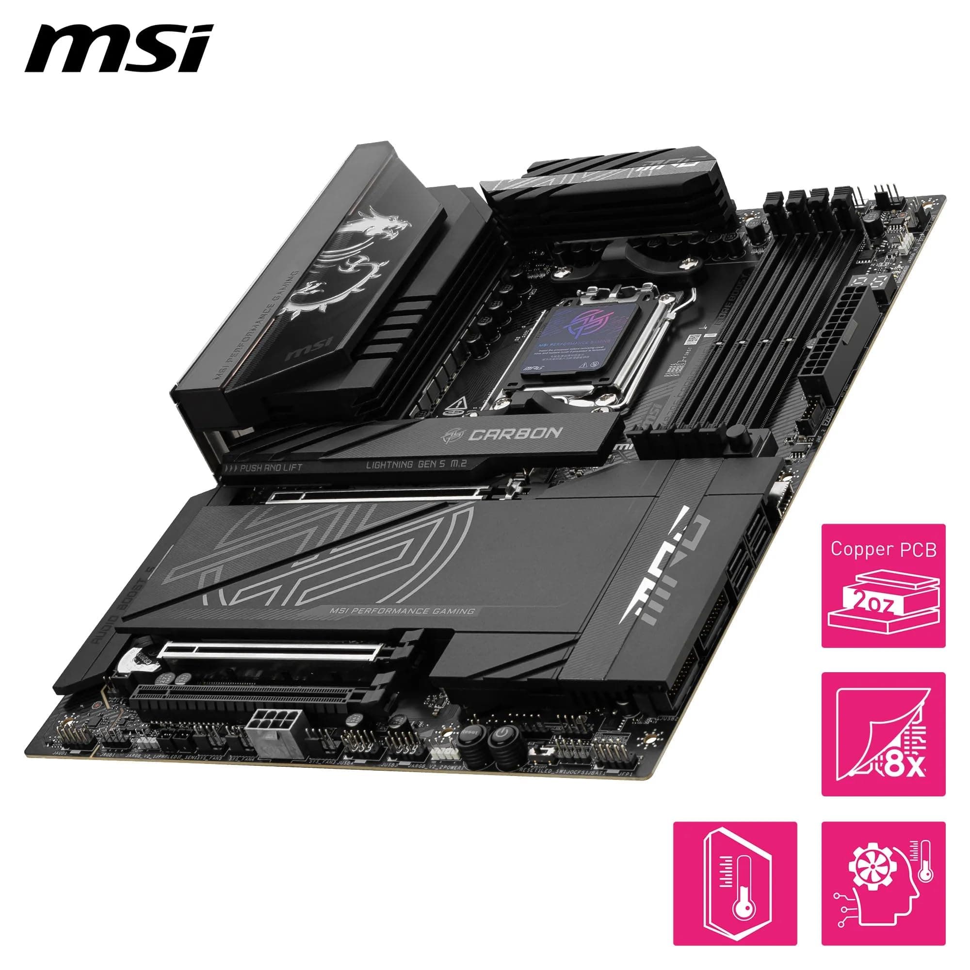 MSI MPG X870E Carbon WiFi Mainboard, ATX - Unterstützt AMD Ryzen 9000/8000/7000 Prozessoren, AM5-110A SPS VRM, DDR5 Memory Boost 8400+MT/s (OC), PCIe 5.0 x16 & 4.0 x16, M.2 Gen5, Wi-Fi 7, 5G LAN Bild 7