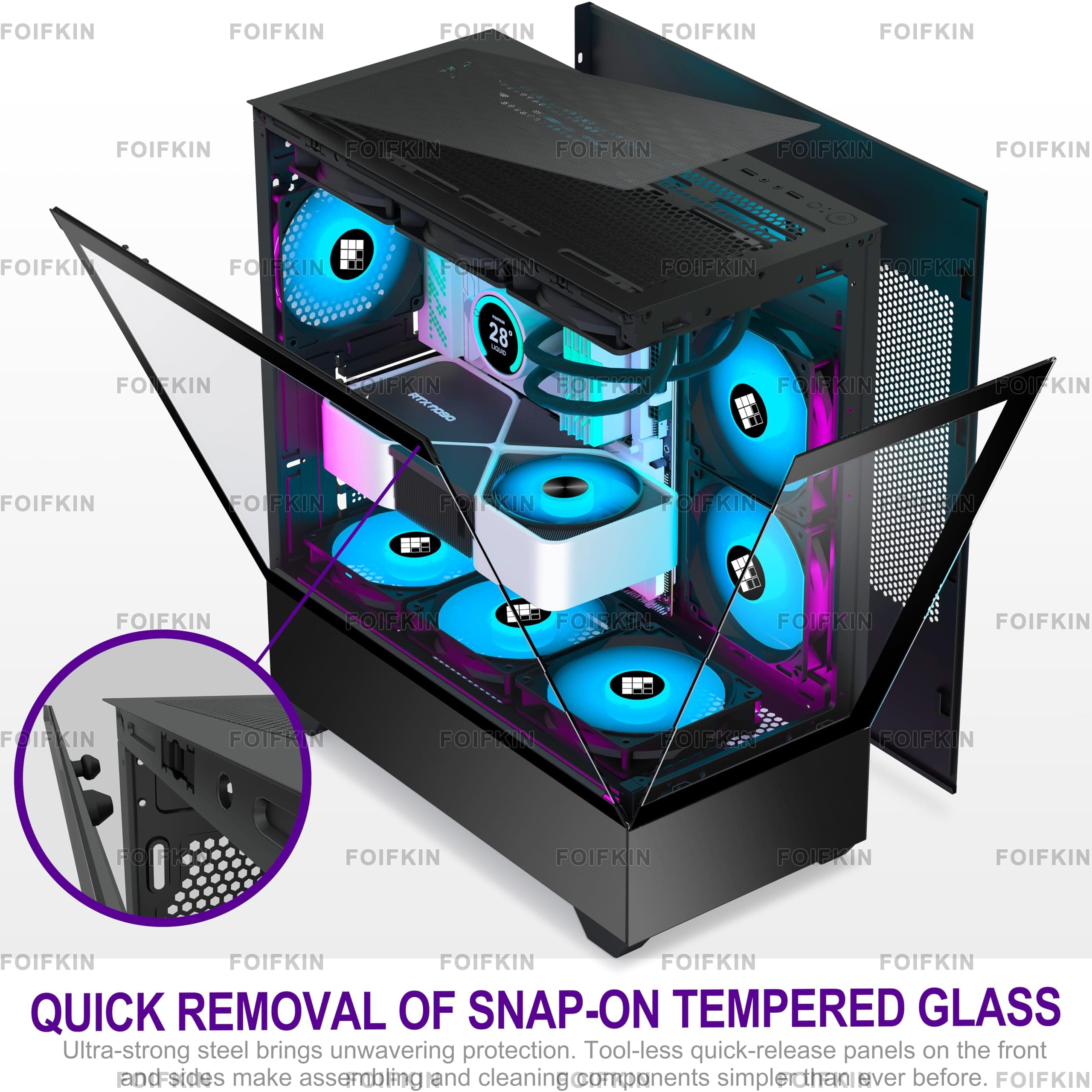FOIFKIN F1 PC Gehäuse ATX- Pre-Install 6 PWM ARGB Lüfter, Mid-Tower Computer Gehäuse, Gaming PC- Gehäuse,270° Panorama Tempered Glass,mit Type-C, ATX Gehäuse (Schwarz, F1) Schwarz F01 Bild 3