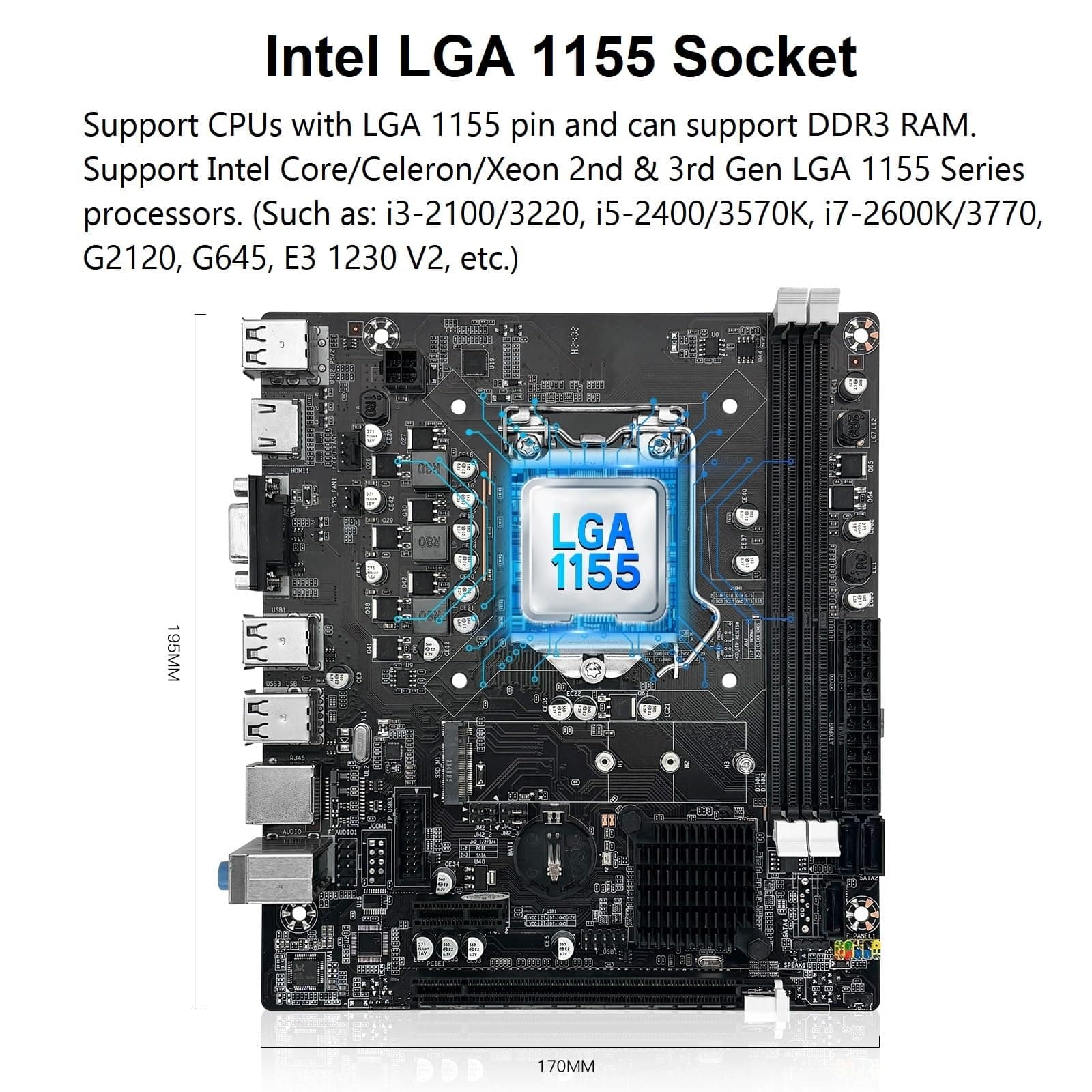 SHANGZHAOYUAN H61C Mainboard LGA 1155 Gaming Motherboard Kompatibel mit Intel 2th/3th Gen i3,i5,i7/Xeon E3 V2/Pentium Series CPUs, PCIe X16, 100M LAN, DDR3, NVME/NGFF M.2, VGA, HDMI-kompatibel Bild 3
