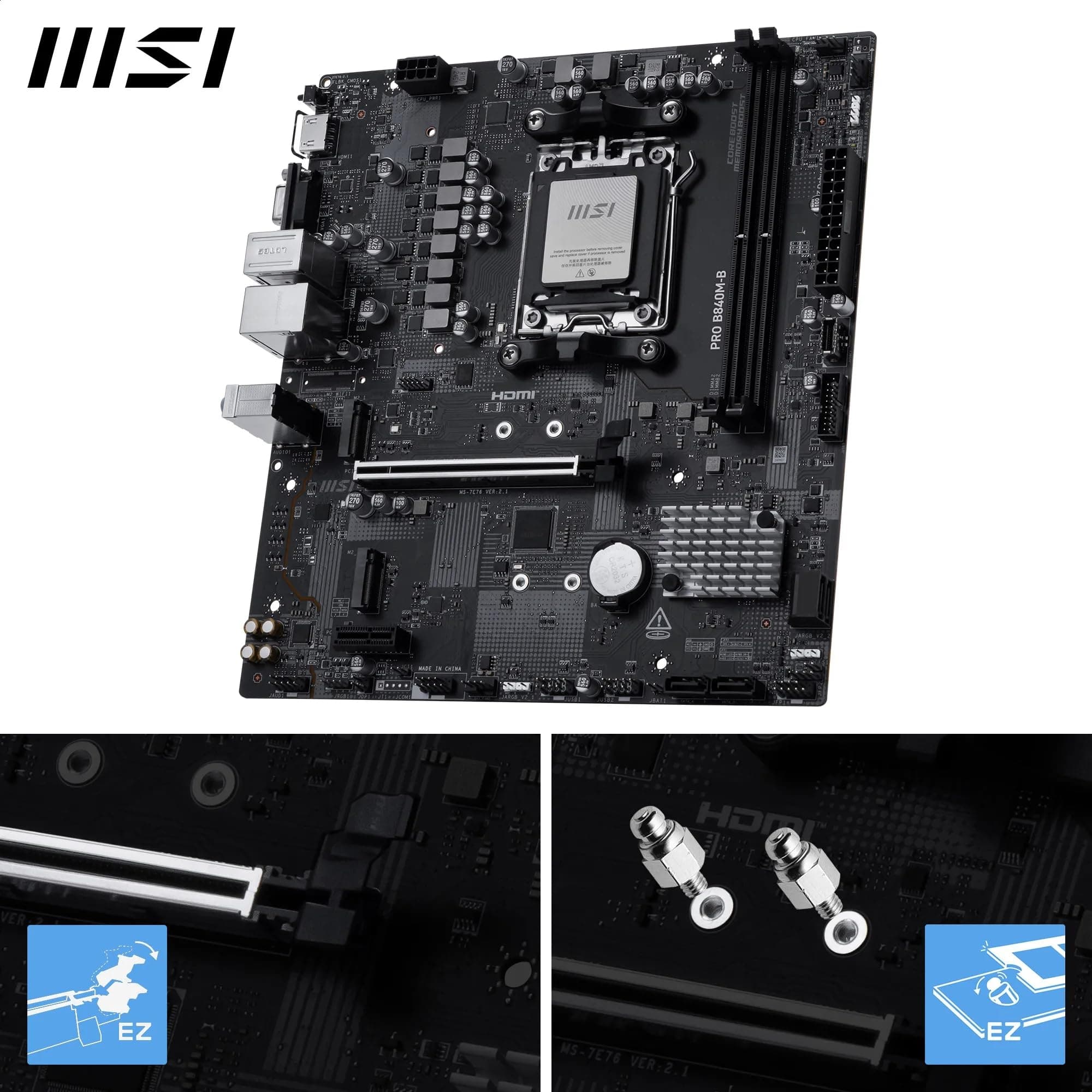 MSI PRO B840M-B Mainboard, mATX - Unterstützt AMD Ryzen 9000/8000 / 7000 Prozessoren, AM5 - DDR5 Memory Boost (8000+ MT/s OC), PCIe 4.0 x16, M.2 Gen4, 2.5G LAN Bild 5