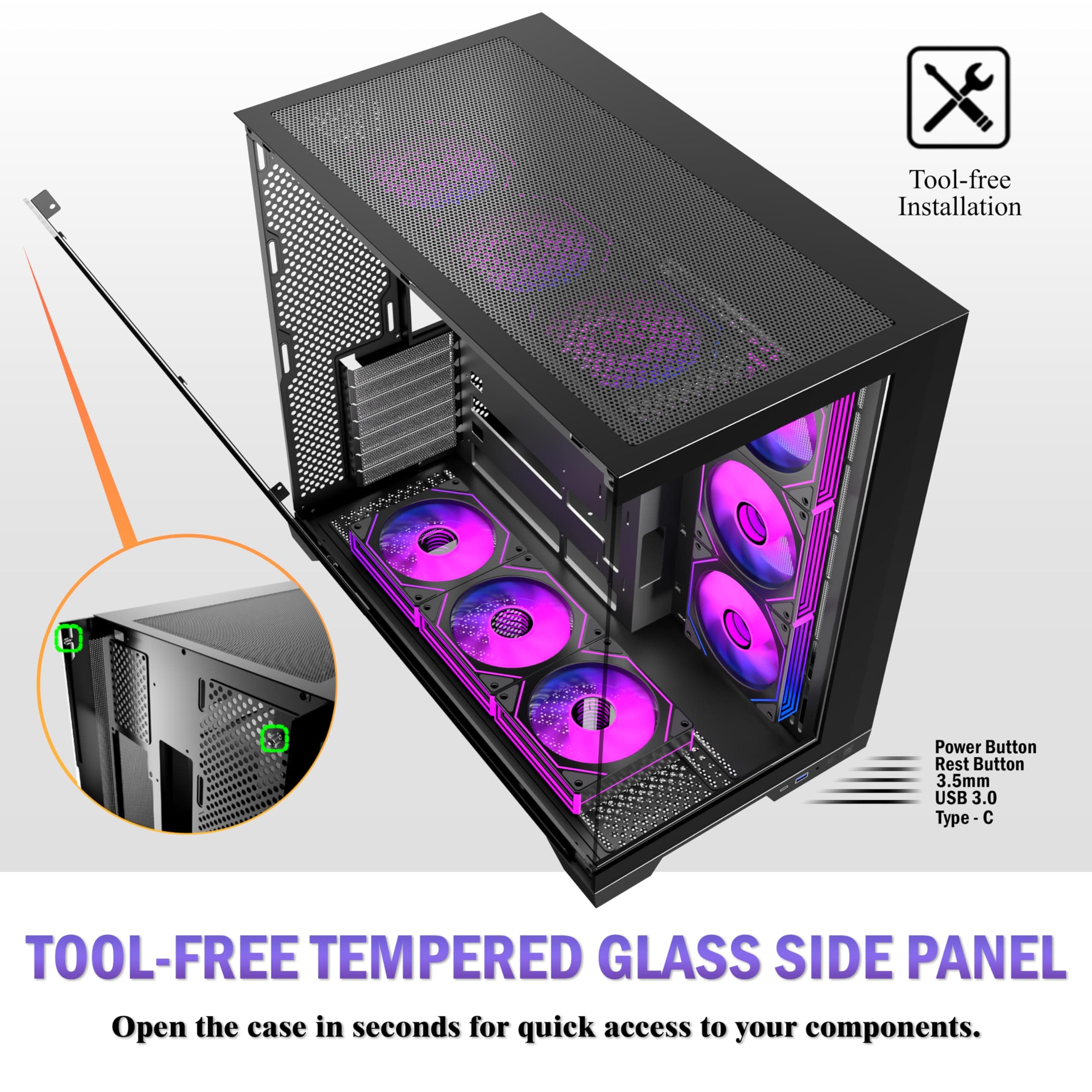 ANSAITE ATX PC-Gehäuse 9×120 mm ARGB PWM-Lüfter vorinstalliert ，Mid-Tower Gaming PC-Gehäuse, Panorama-Gehärtetes Glas Schwarz Computer-Gehäuse mit Typ-C, 360mm Radiator Unterstützung，H-D9 (Schwarz) Bild 5