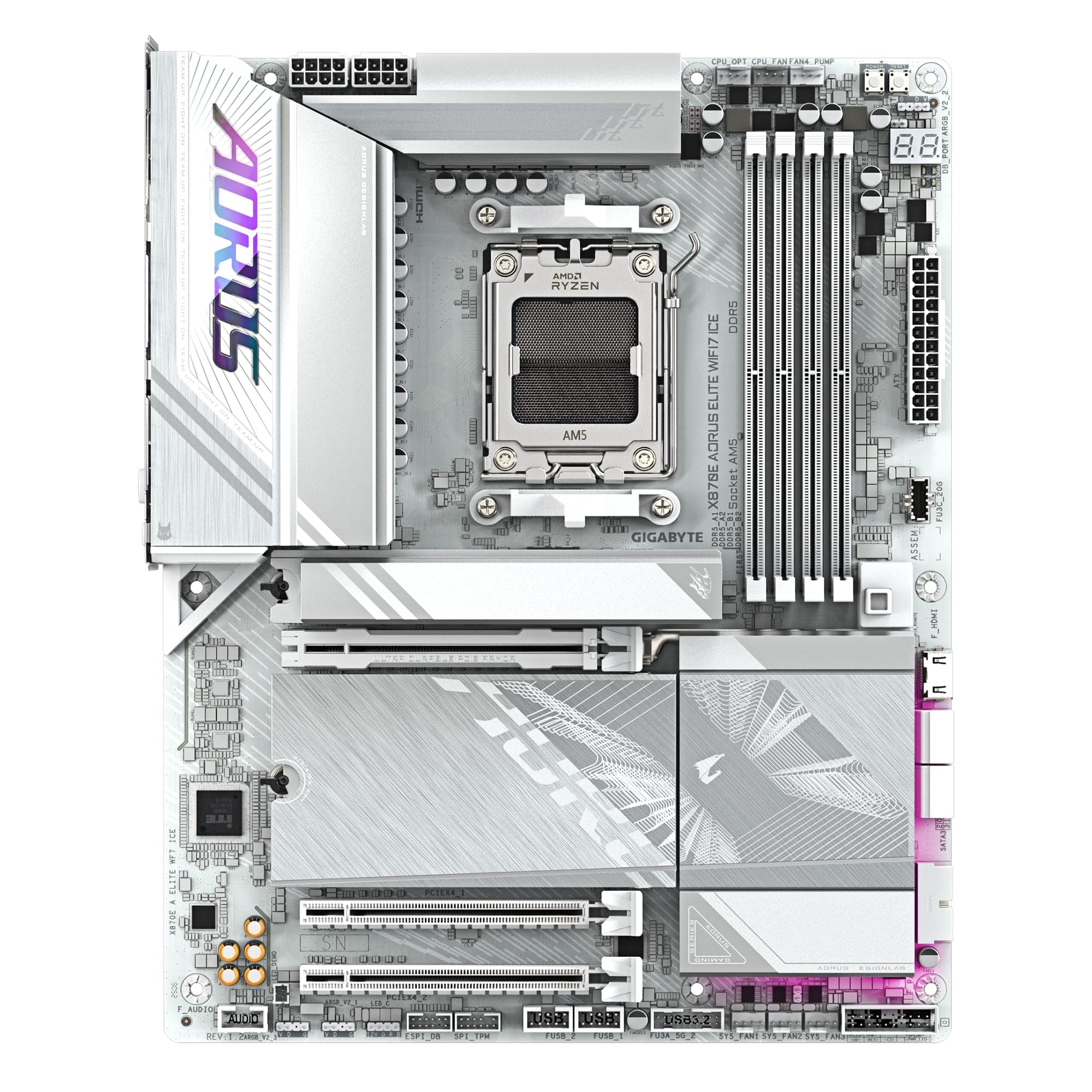 GIGABYTE X870E AORUS Elite WIFI7 Ice Mainboard – Unterstützt AMD Ryzen 9000 Prozessoren, digitales 16+2+2 Phasen VRM, bis zu 8200 MHz DDR5 (O.C.), 3X PCIe 5.0 + 1x PCIe 4.0, Wi-Fi 7, 2.5 GbE LAN Bild 3