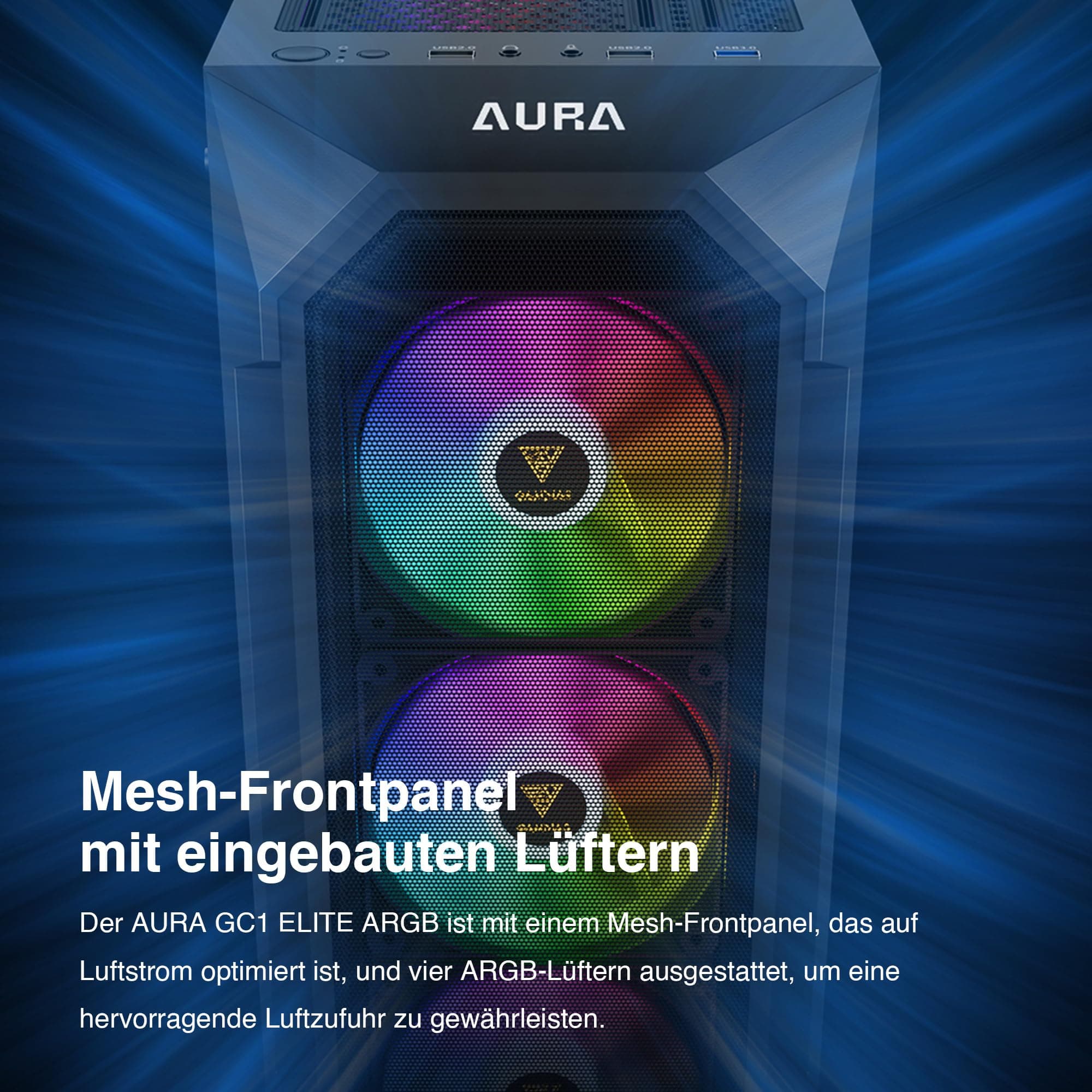GAMDIAS Aura GC1 Elite ARGB ATX Gaming Midi-Tower PC-Gehäuse, 4 x 120 ARGB-Lüfter, High Airflow Mesh Front Panel, Werkzeuglose Installation Tempered Glass Side Panel, Motherboard Sync, Schwarz Bild 3
