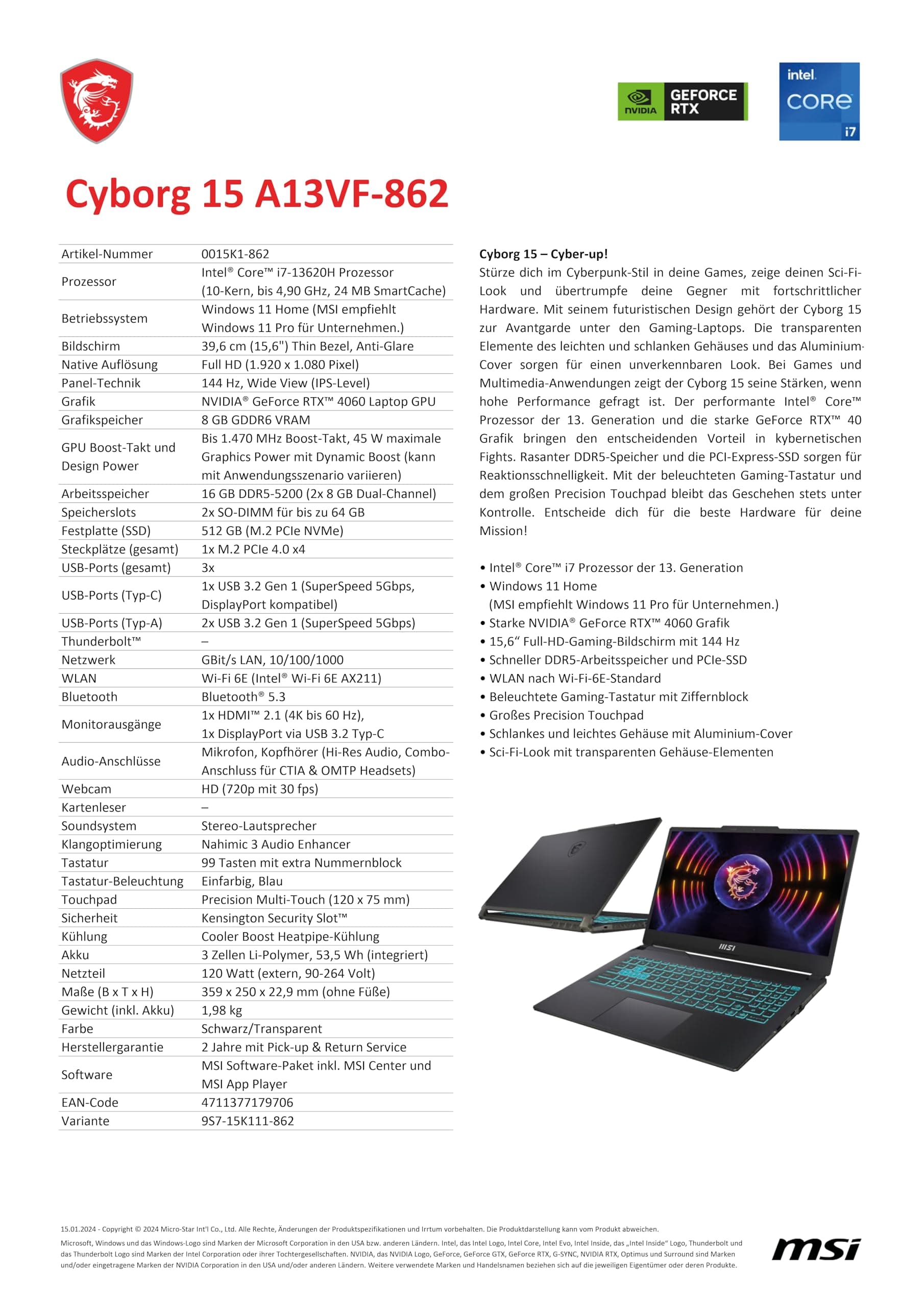 MSI Katana 15 Gaming Laptop, 15,6" Full HD 144Hz, Intel Core i7-13620H, NVIDIA GeForce RTX 4070, 16GB DDR5, 512GB SSD, Windows 11 Home, QWERTZ Tastatur, B13VGK-1860, Schwarz Intel Core i7-13620H RTX4070 8GB Bild 5