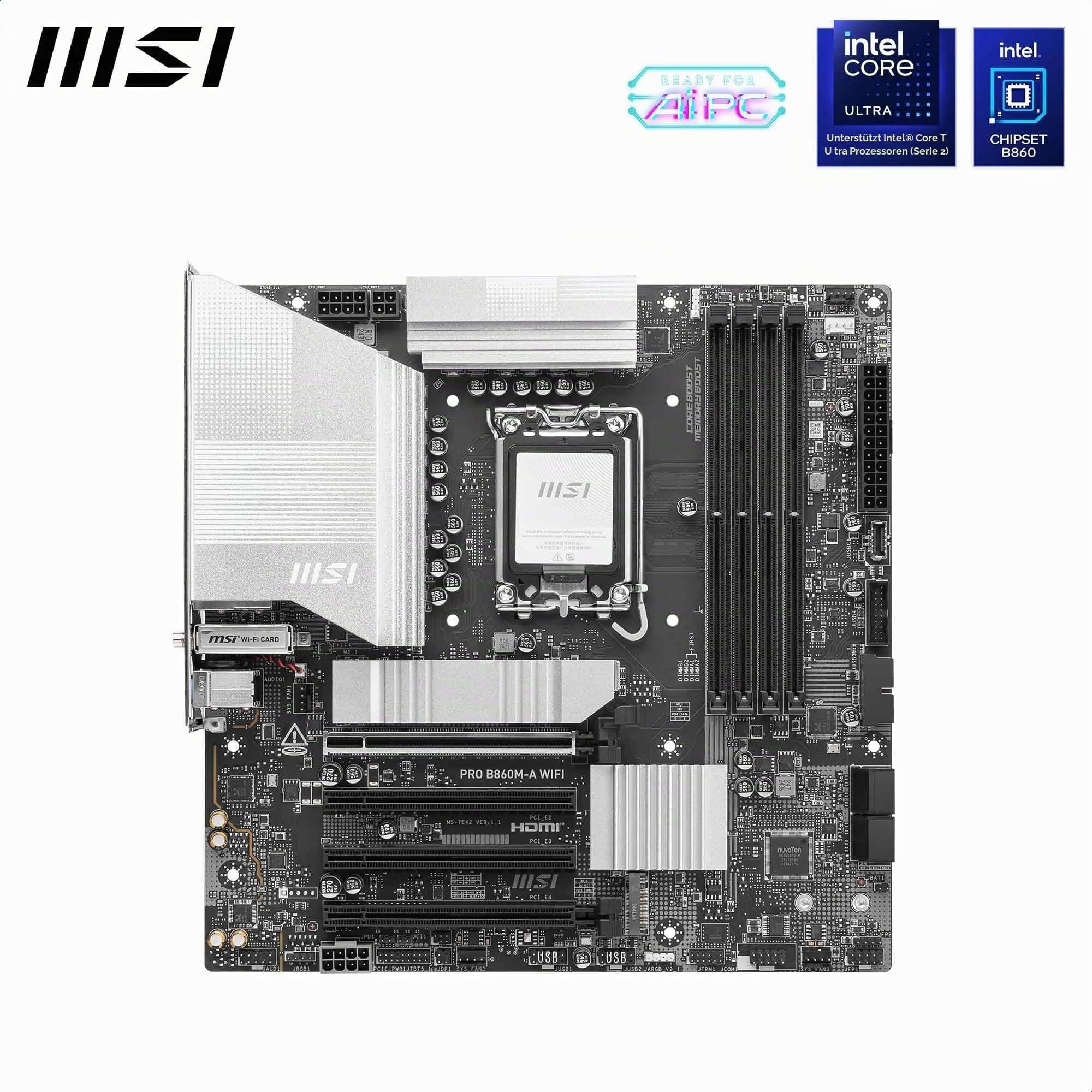 MSI PRO B860M-A WiFi Mainboard, mATX - Unterstützt Intel Core Ultra Prozessoren (Series 2), LGA 1851-12 DRPS, DDR5 Memory Boost (8600+ MT/s OC), PCIe 5.0 x16 & 4.0 x16, M.2 Gen5, Wi-Fi 7, 5G LAN Bild 3