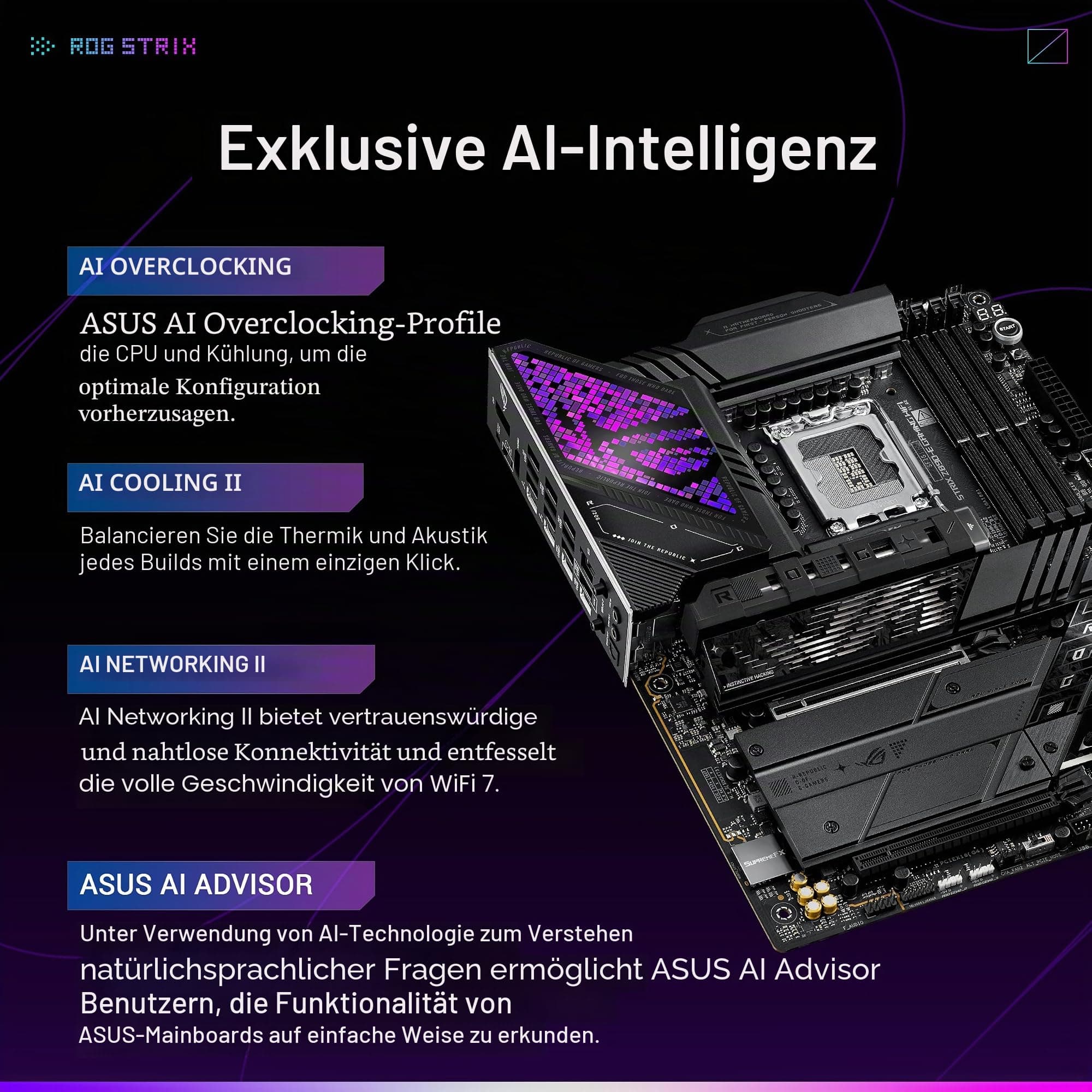 ASUS ROG Strix Z890-E Gaming WiFi Intel® Z890 LGA 1851 ATX Motherboard, Advanced AI PC-Ready, 18+2+1+2 Stufen, DDR5, WiFi 7, 7X M.2, Thunderbolt™ 4, USB Type-C®, AI Overclocking, Cooling & Networking Bild 3