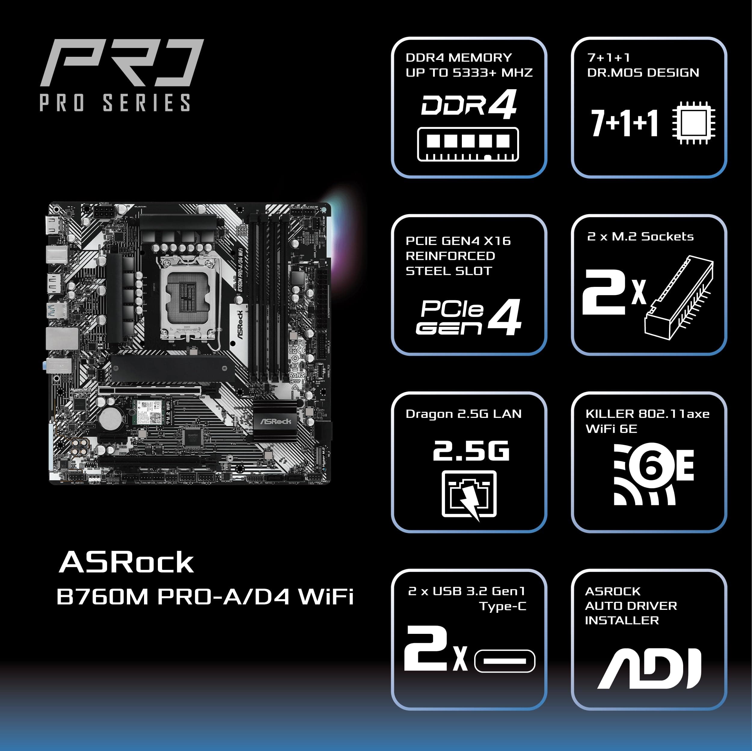 ASRock Motherboard B760M Pro-A/D4 WiFi, Intel 12. Generation und 13. Generation CPU (LGA1700), B760 Chipsatz, DDR4, Bluetooth ausgestattet, Micro ATX Motherboard 1. DDR4 M-ATX WLAN-Modell Bild 7