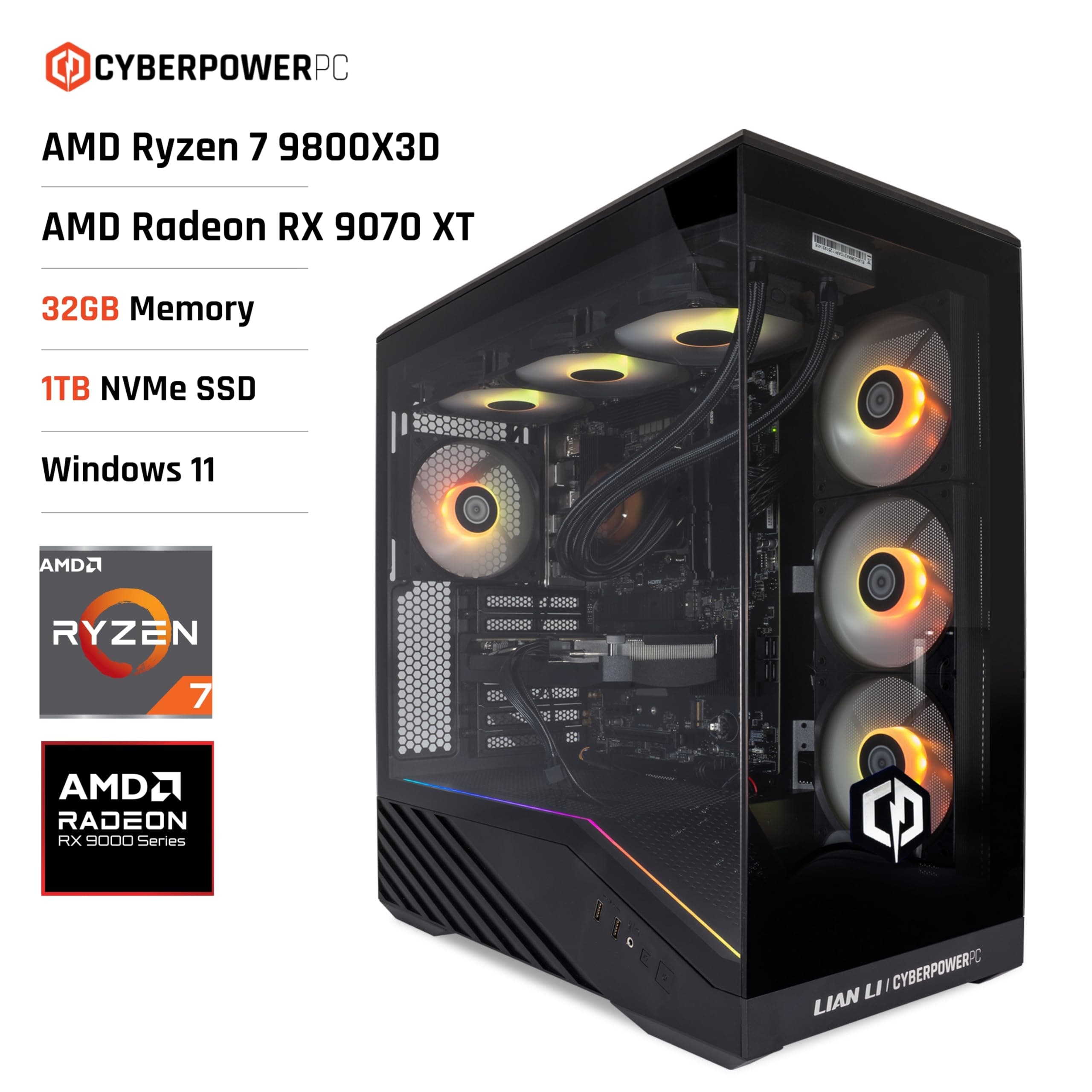 CYBERPOWERPC Luxe Gaming-PC - AMD Ryzen 7 9800X3D, AMD Radeon RX 9070 XT 16GB, 32GB RAM, 1TB NVMe SSD, 750W 80+ PSU, Wi-Fi, Wasserkühlung, Windows 11, Ark RGB Bild 3