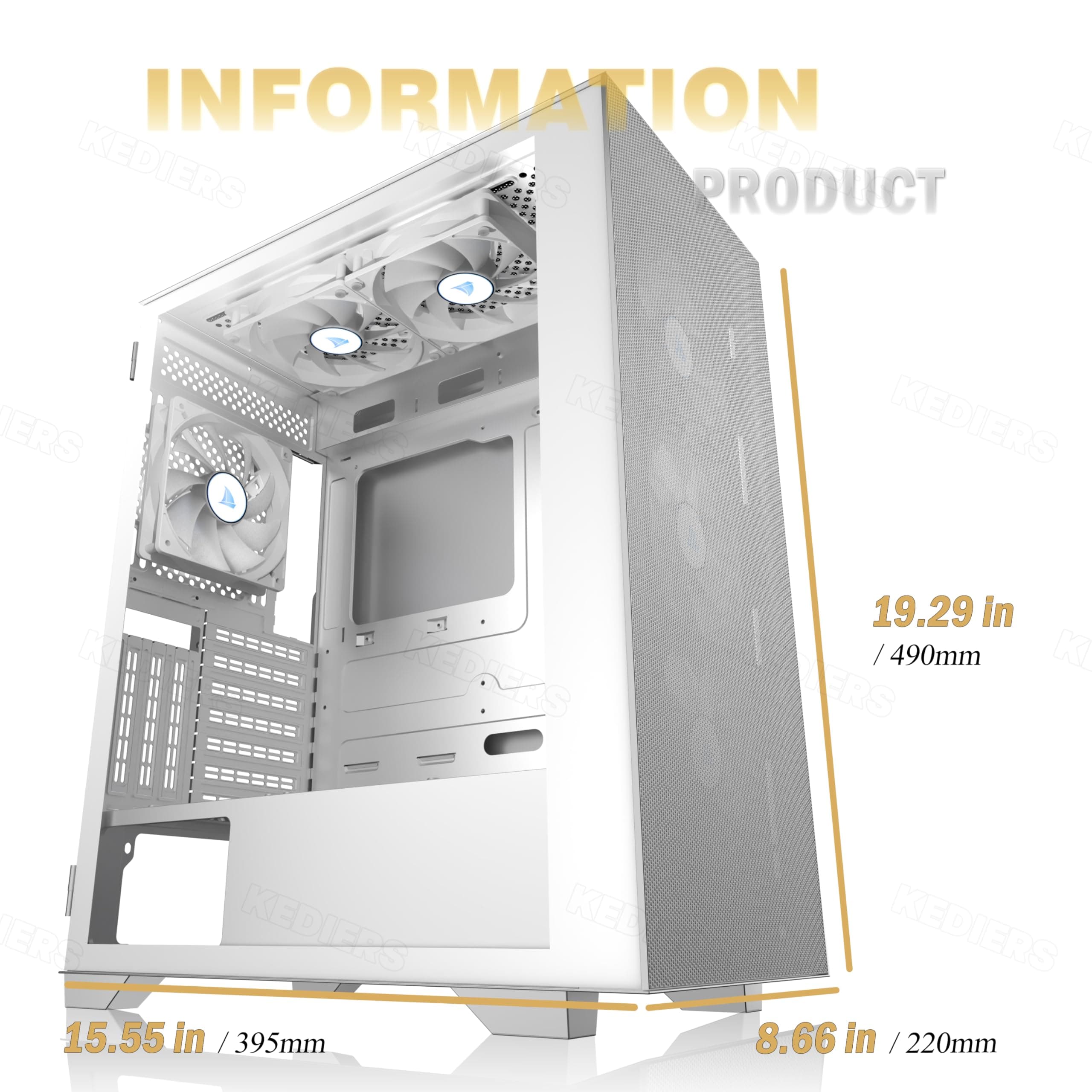 KEDIERS PC-Gehäuse, vorinstalliert 6*PWM ARGB-Gehäuselüfter, ATX Mid Tower, Gaming-Gehäuse mit Öffnung aus gehärtetem Glas, Seitenteiltür, Netz-Computergehäuse,Weiß Bild 7
