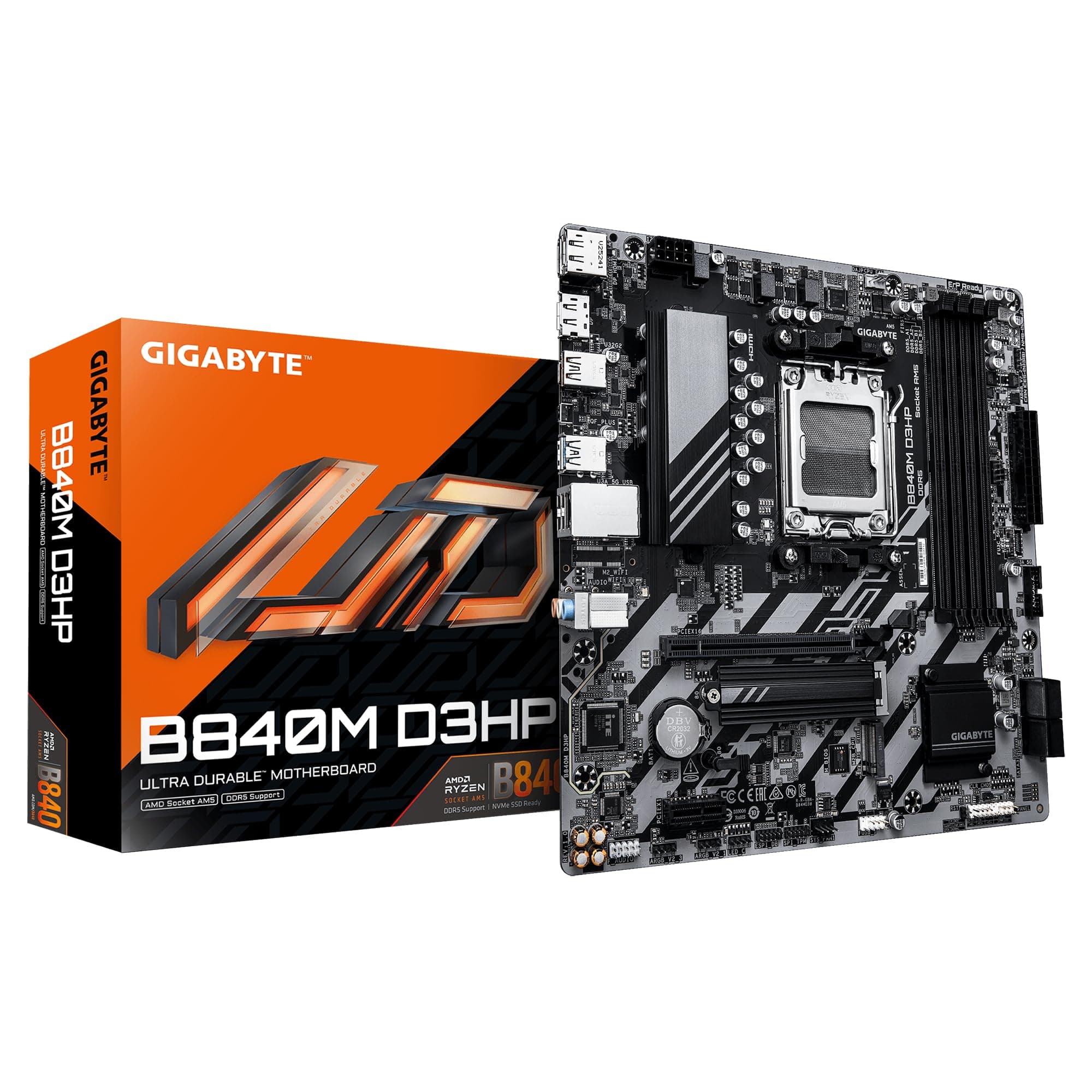 GIGABYTE B840M D3HP Mainboard – AMD Ryzen 9000 CPUs, 8+2+2-Phasen-VRM, bis zu 8200 MHz DDR5 (O.C.), 2× PCIe-4.0-M.2, 1-GbE-LAN, USB 3.2 Gen 2 Bild 2
