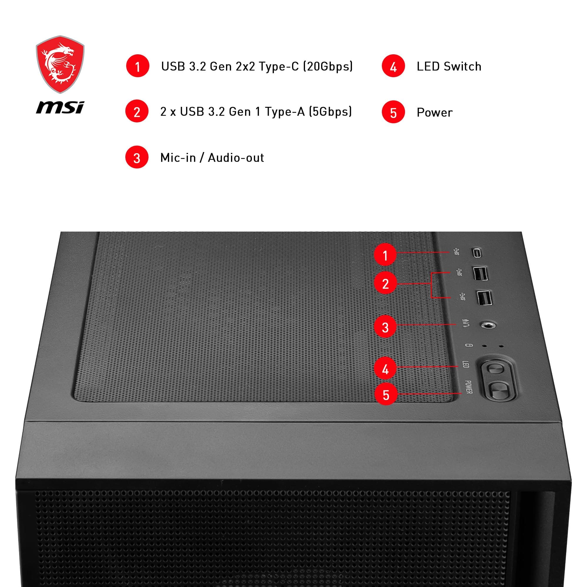 MSI MAG Forge 321R Airflow Mid-Tower PC-Gehäuse - ATX-Kapazität, RTX 40 GPU-Unterstützung, ARGB-Lüfter, magnetische Staubfilter, gehärtetes Glas, 4 ARGB-LHub, USB 3.2 Generation 2x2 Typ-C Bild 7