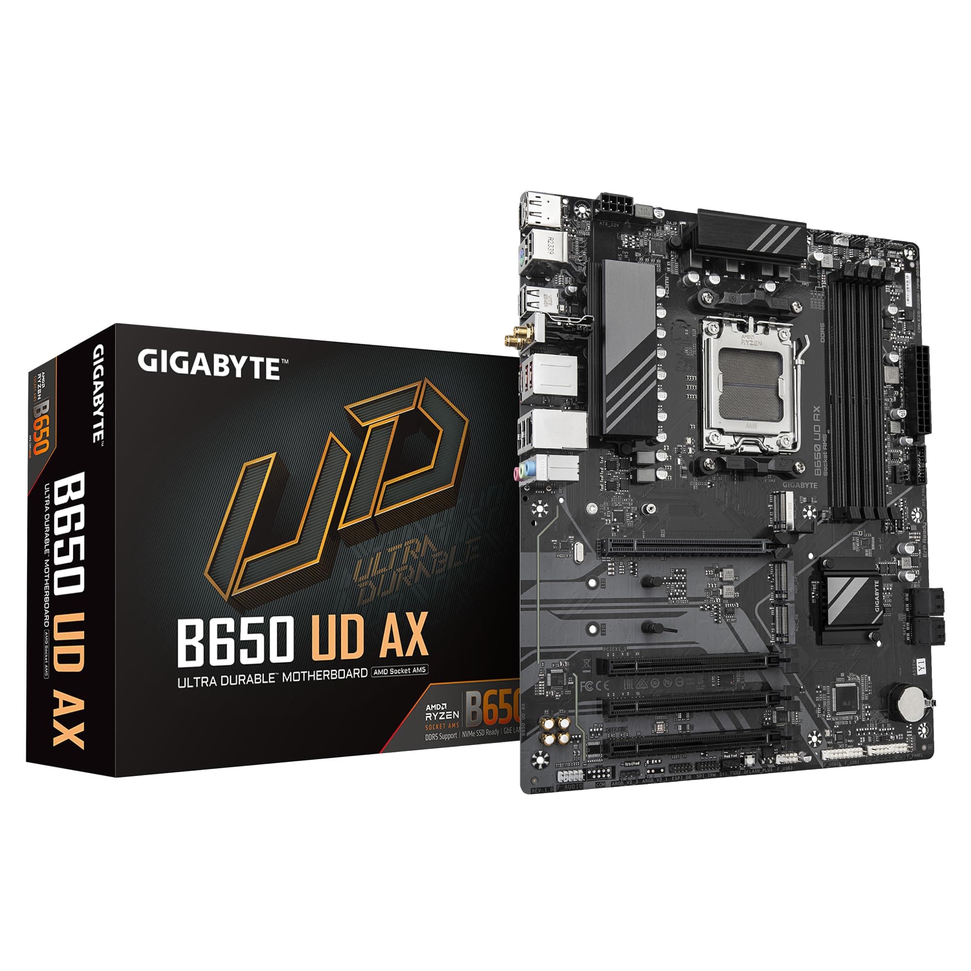 GIGABYTE B650 UD AX Motherboard - Unterstützt AMD Ryzen 9000 Serie CPUs, 6+2+2 Phasen VRM, bis zu 7600MHz DDR5 (OC), 1x PCIe 5.0 + 2X PCIe 4.0 M.2, GbE LAN, Wi-Fi 6, USB 3.2 Gen 2 Bild 2