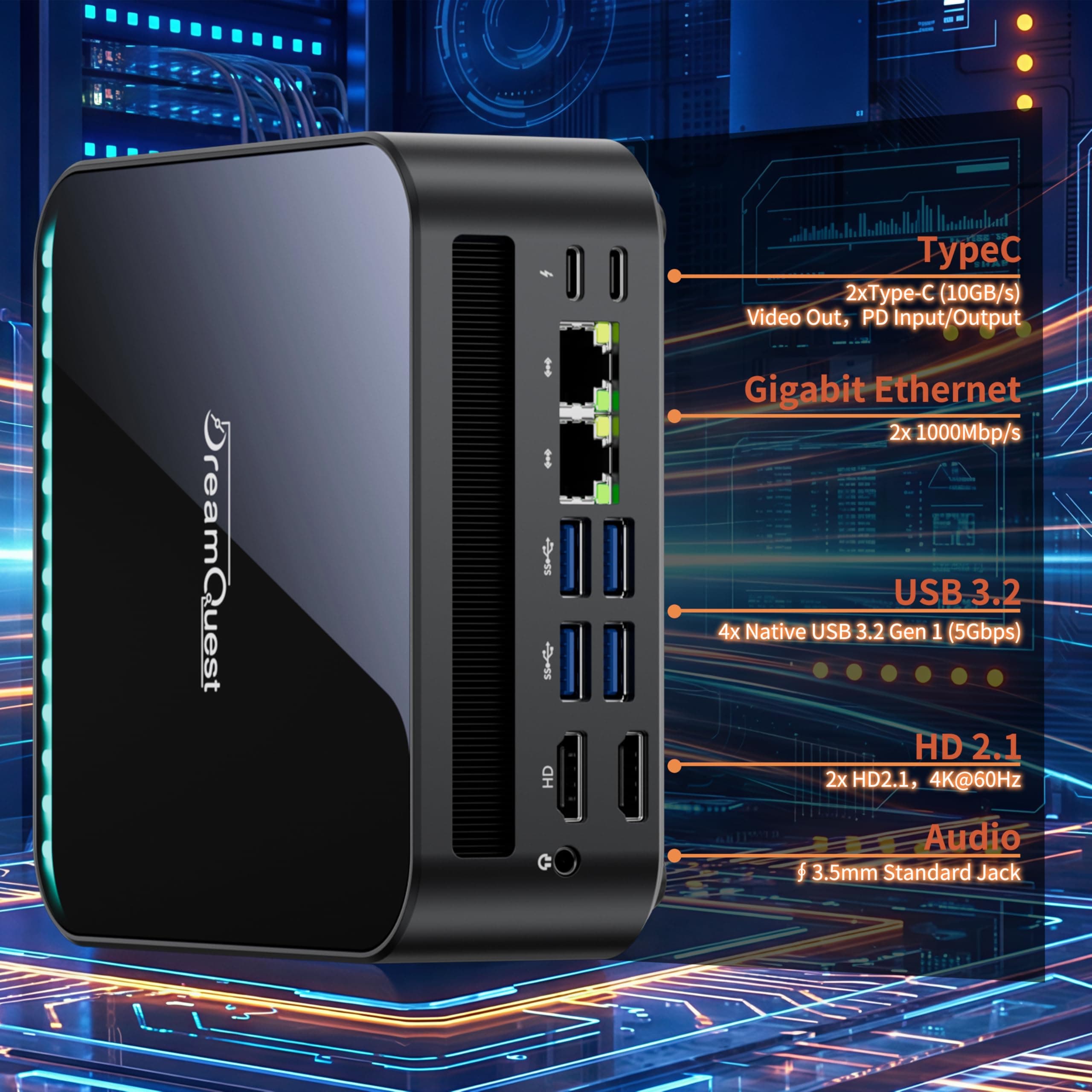 DreamQuest Mini PC Windows 11 Pro, AMD Ryzen 5 7430U bis 4,3 GHz, 16GB DDR4 Dual-Channel RAM, 512GB M.2 SSD, WiFi 6, Bluetooth 5.3, Dual USB-C, HDMI 2.1, LAN, 4X USB 3.2, kompakter Desktop PC 0.5 TB Bild 5