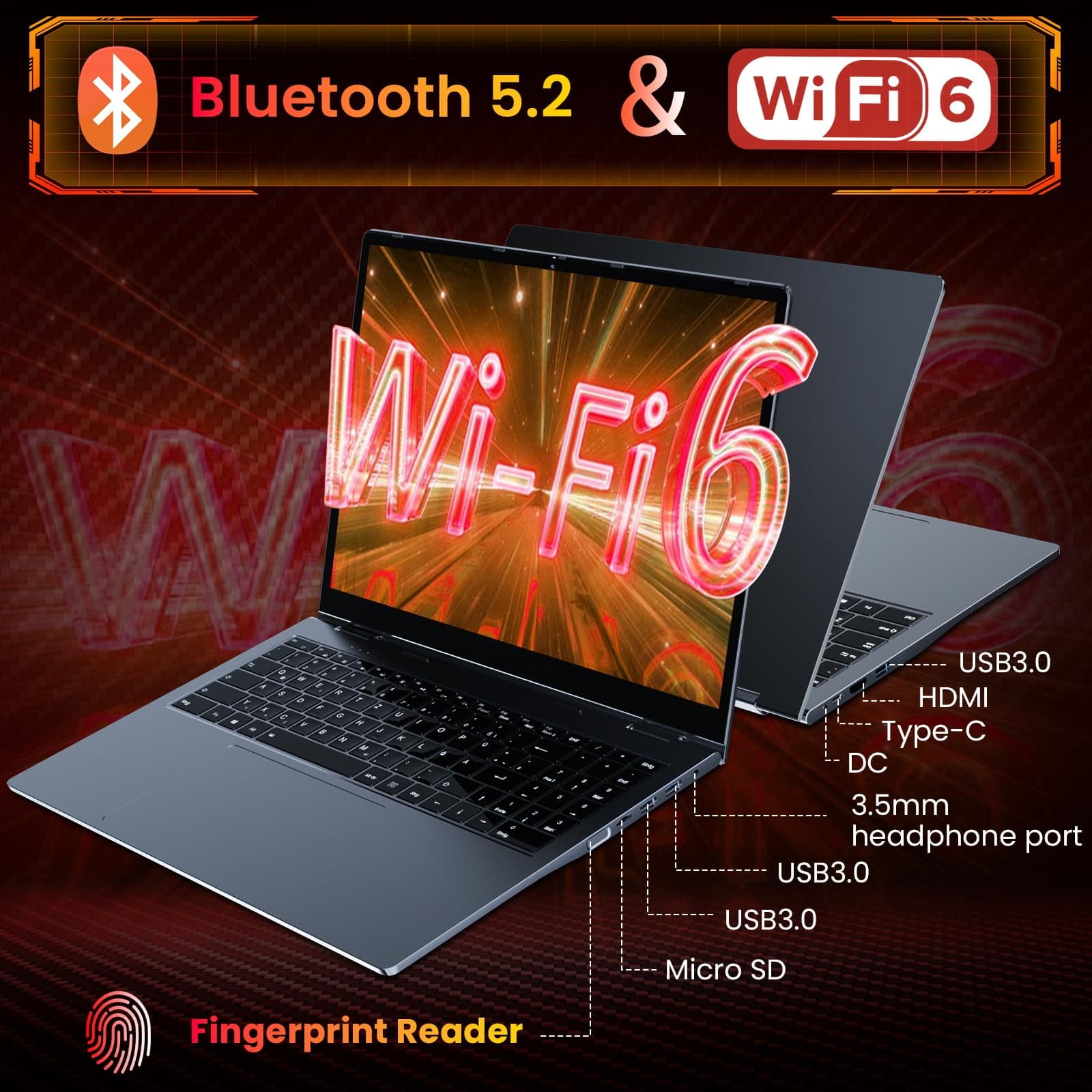 THEYETI 16 Zoll Laptop, Ryzen 3 Prozessor bis zu 3.5GHz (Beat N95), 16GB RAM 512GB Storage, Beleuchtete Tastatu, Fingerabdruckleser, WiFi 6, Bluetooth 5.2, IPS FHD Touchscreen Laptops for Students Graphitgrau 16.0 Zoll Bild 7