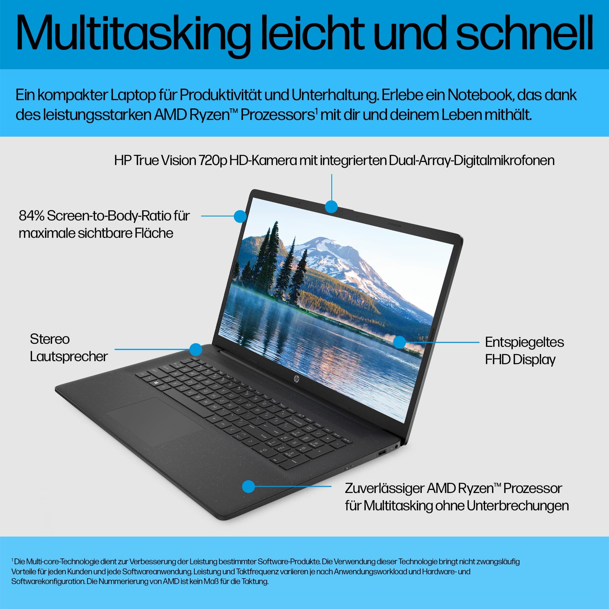 HP Laptop mit 17,3" FHD Display, AMD Ryzen 5 7520U, 8GB DDR5 RAM, 512 GB SSD, AMD Radeon-Grafik, Windows 11, QWERTZ, Schwarz inkl. 25 GB Dropbox-Speicher für 12 Monate AMD Ryzen 5 7520U + 8 GB DDR5 RAM + 512 GB SSD Ohne Copilot-Key Schwarz Bild 5