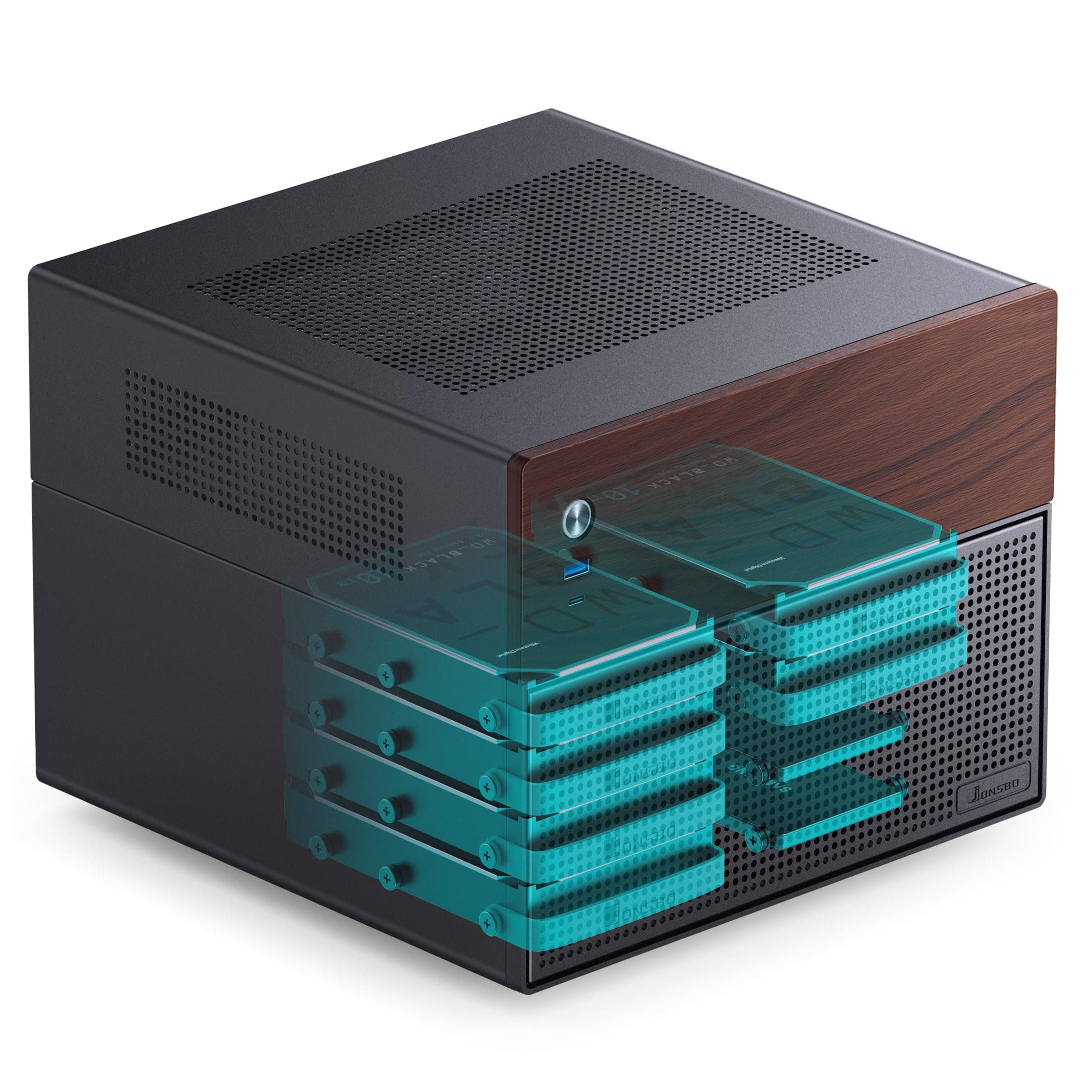 Jonsbo N4 NAS Gehäuse Schwarz – Kompaktes Micro-ATX Case für DIY-NAS, Platz für 6X 3,5" & 2X 2,5" HDDs, 4 Low-Profile-Slots, USB-C & USB-A, Holzdesign Bild 3