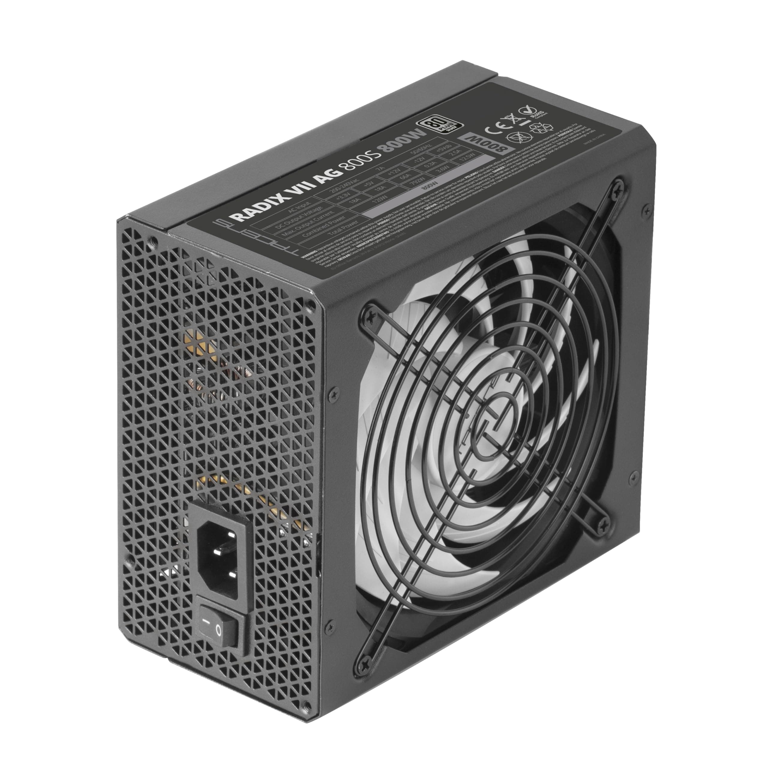 Tacens Radix VII AG 800S, 800W ATX PSU, 10 Jahre Garantie, 80Plus Silber, 87% Effizienz, SMD- und DC-DC-Technologien, AI-RPM 140mm FDB-Lüfter, TK 105º Japanische Kondensatoren, Schwarz Bild 3