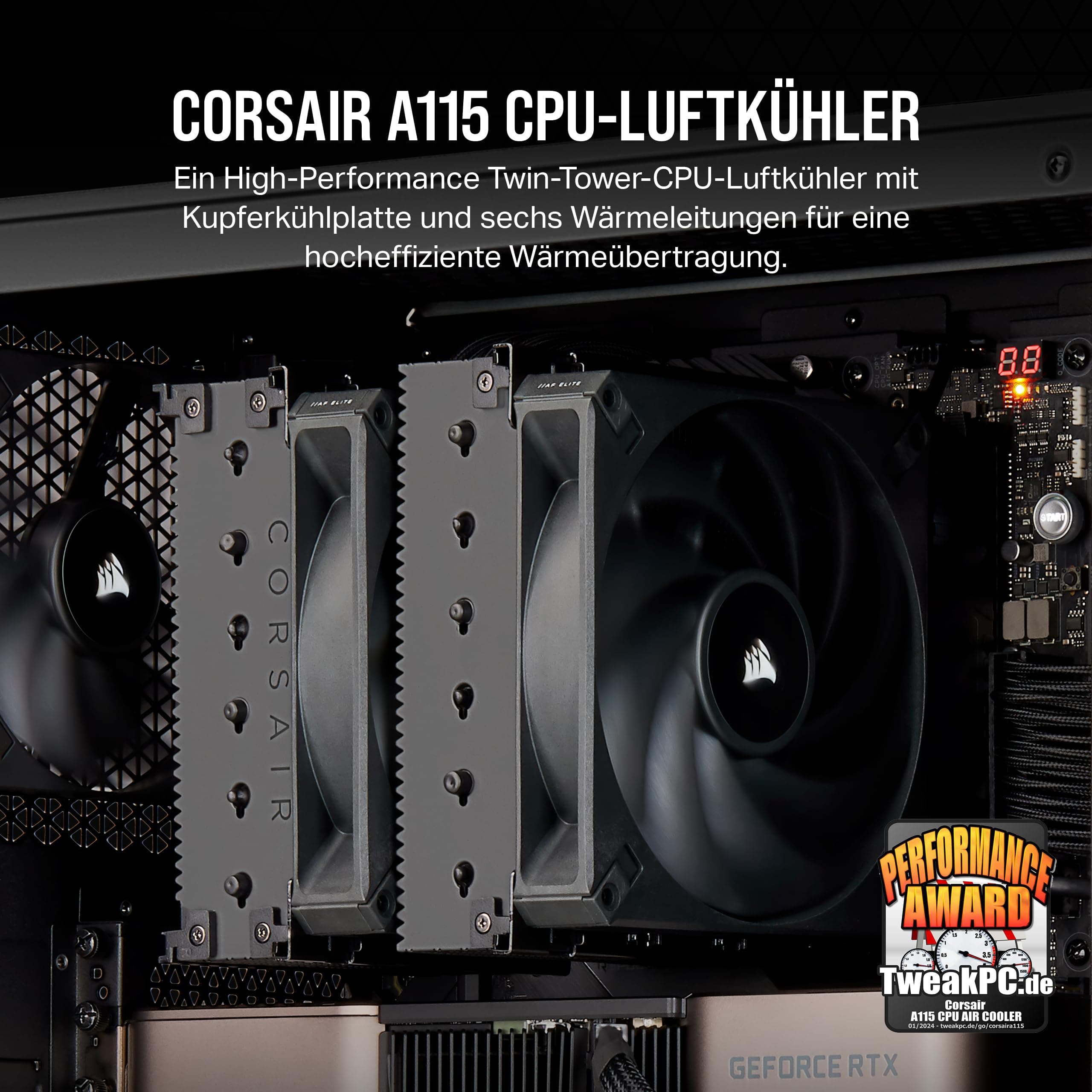 Corsair A115 Hochleistungs-Tower-CPU-Luftkühler - Slide-and-Lock-Lüfterhalterung - Zwei AF140 Elite-Lüfter Vorinstallierte Wärmeleitpaste - Schwarz Bild 3