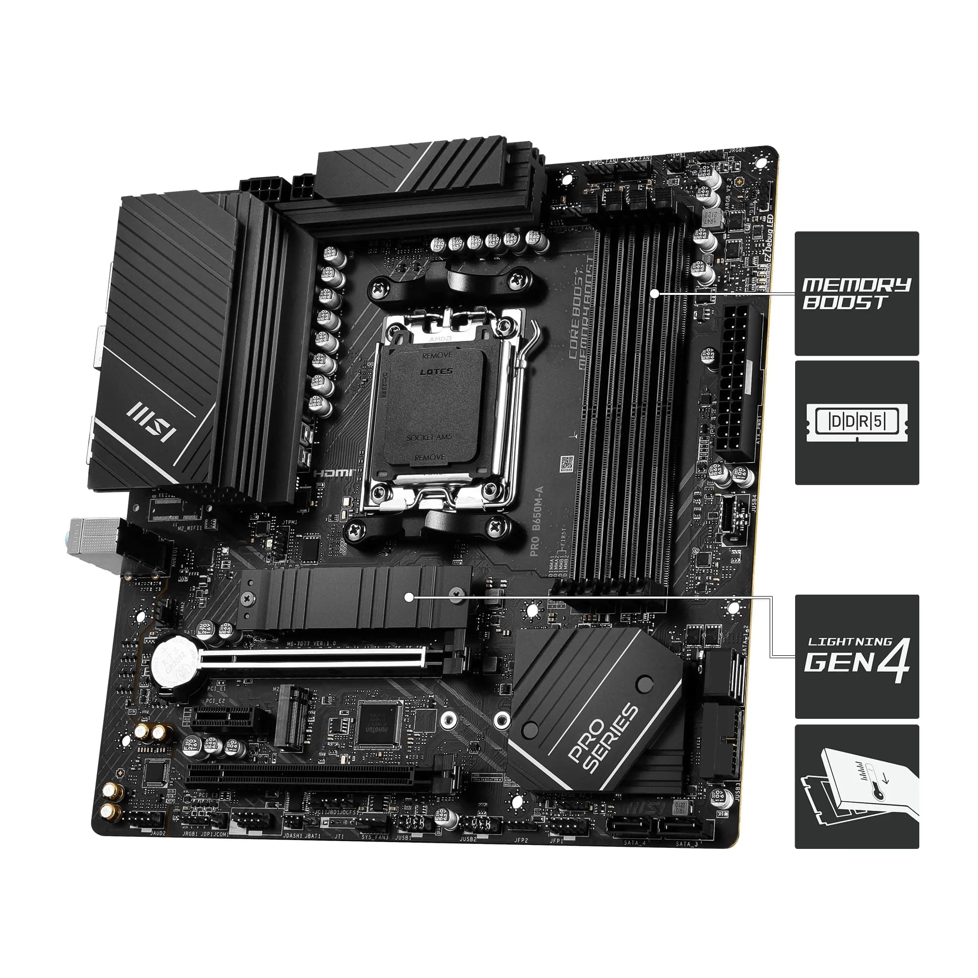 MSI PRO B650M-A Mainboard, Micro-ATX - Unterstützt AMD Ryzen 9000/8000 / 7000 Series Prozessoren, AM5 - DDR5 Memory Boost 6000+MHz/OC, 2 x PCIe 4.0 x16, 2 x M.2 Gen4, 2.5G LAN Bild 5
