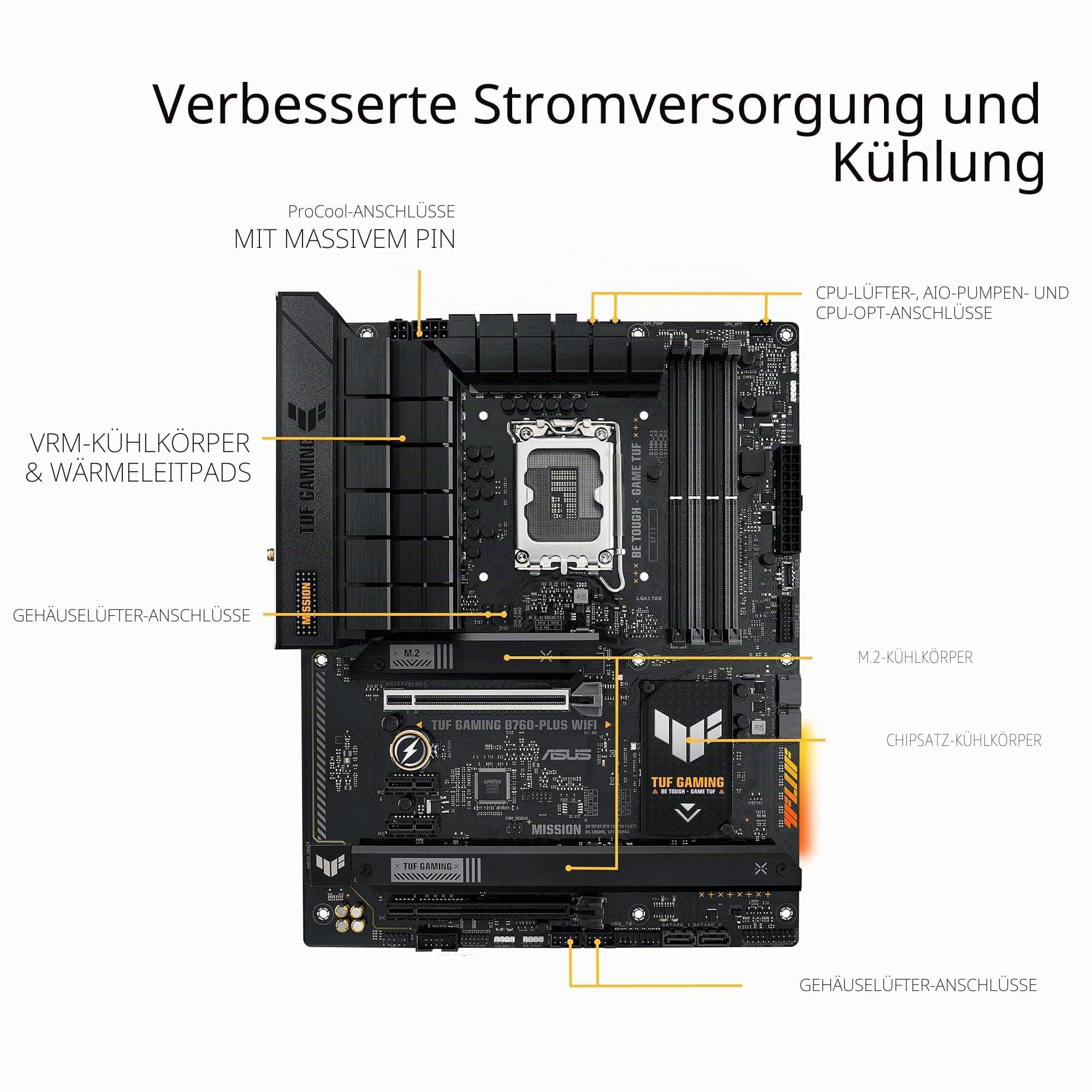 ASUS TUF GAMING B760-PLUS WIFI Motherboard ATX LGA1700-Sockel B760 Chipsatz USB 3.2 Gen 1 2 USB-C Gen2 2x2 2.5 Gigabit LAN Wi-Fi 6 Bluetooth Onboard-Grafik CPU erforderlich HD Audio 8-Kanal Bild 3