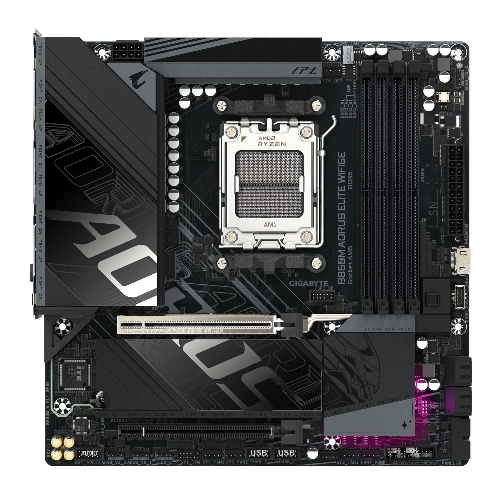GIGABYTE B850M AORUS Elite WIFI6E Mainboard – AMD Ryzen 9000 Serie Prozessoren, digitales 12+2+2 Phasen VRM, bis zu 8200 MHz DDR5 (O.C.), 1x PCIe 5.0 + 1x PCIe 4.0 M.2, Wi-Fi 6E, 2.5 GbE LAN Bild 3