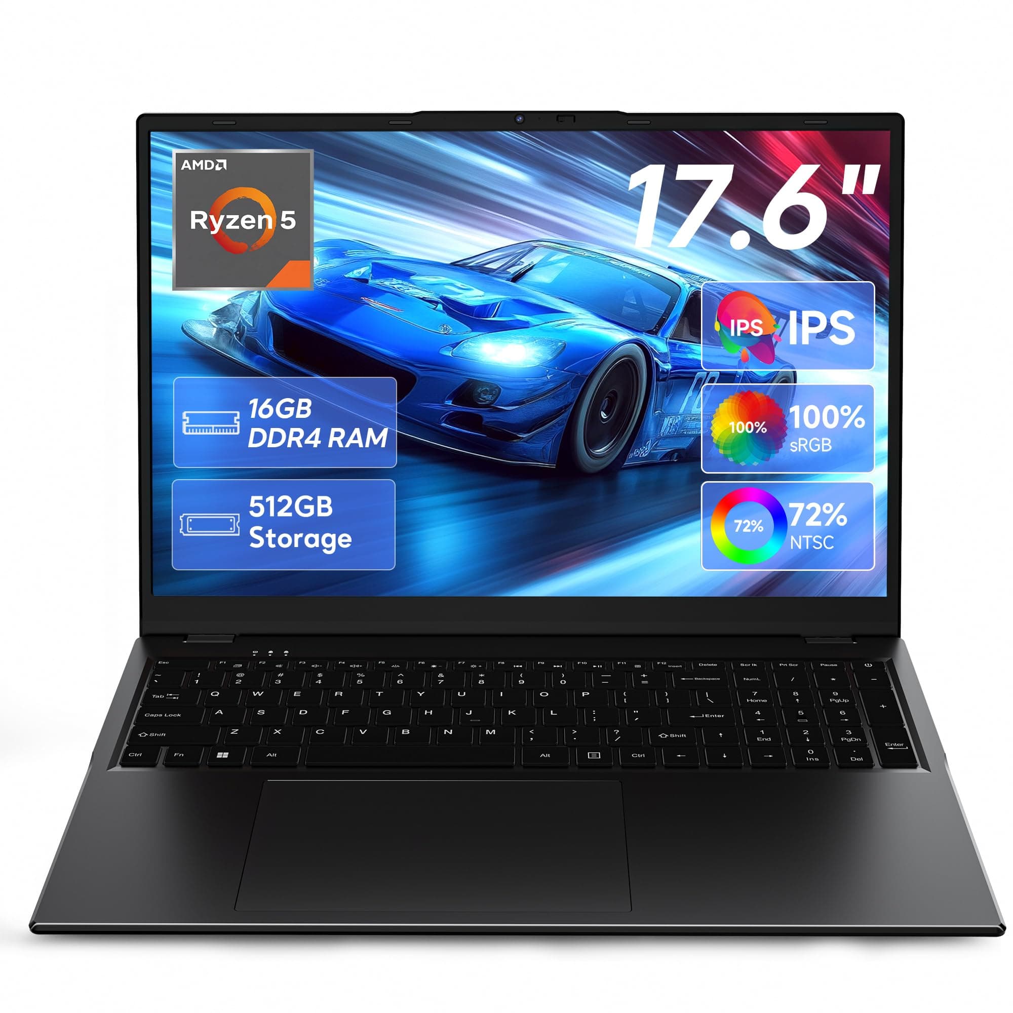 jumper 2026 Gaming Laptop 17,6 Zoll IPS 1920X1200, 16GB DDR4 RAM 512GB SSD, AMD Ryzen5 3500U(bis zu 3,7GHz), Leuchtende Tastatur, Leichte Business und Studenten Notebook, USB/HDMI/Typ-C/WiFi6 Schwarzgrau 17.6 Zoll