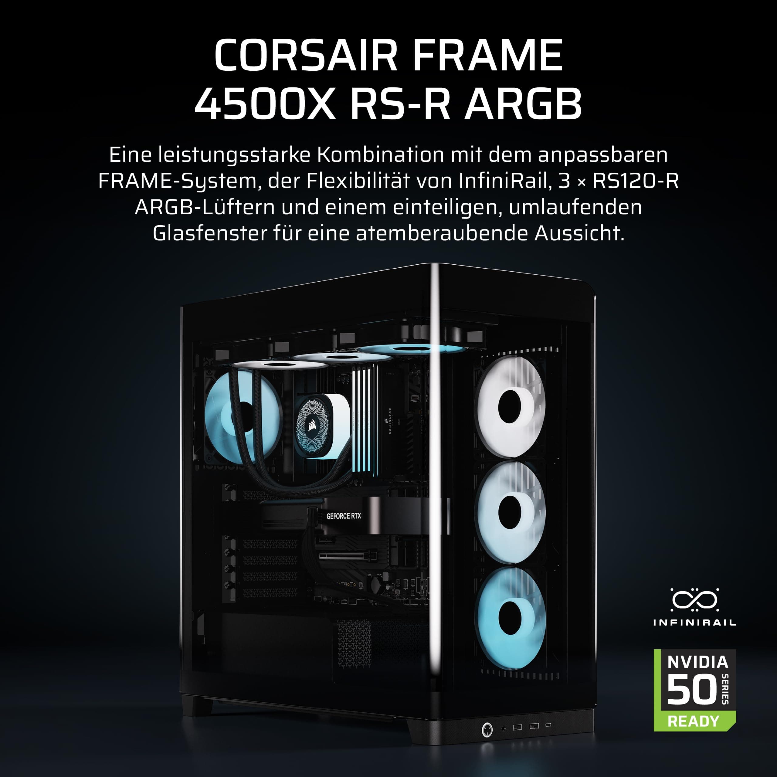 CORSAIR Frame 4500X RS-R ARGB Panoramaglas Mid-Tower-PC-Gehäuse – InfiniRail Lüftermontagesystem, Passend für Zwei 360 mm Radiatoren, GPU Anti-Sag, Enthält 3X RS120R RGB LINK Lüfter – Schwarz Bild 3
