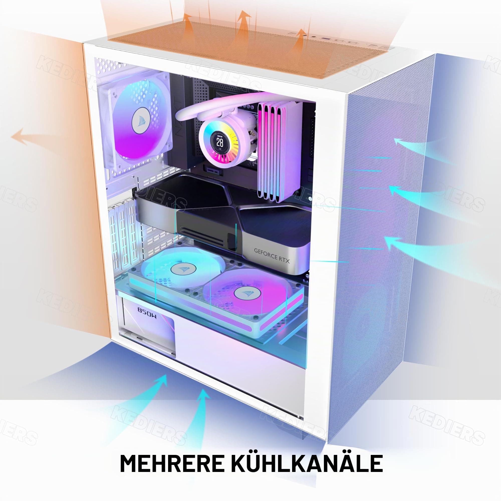 KEDIERS PC-Gehäuse, vorinstalliert 6*PWM ARGB-Gehäuselüfter, ATX Mid Tower, Gaming-Gehäuse mit Öffnung aus gehärtetem Glas, Seitenteiltür, Netz-Computergehäuse,Weiß Bild 5