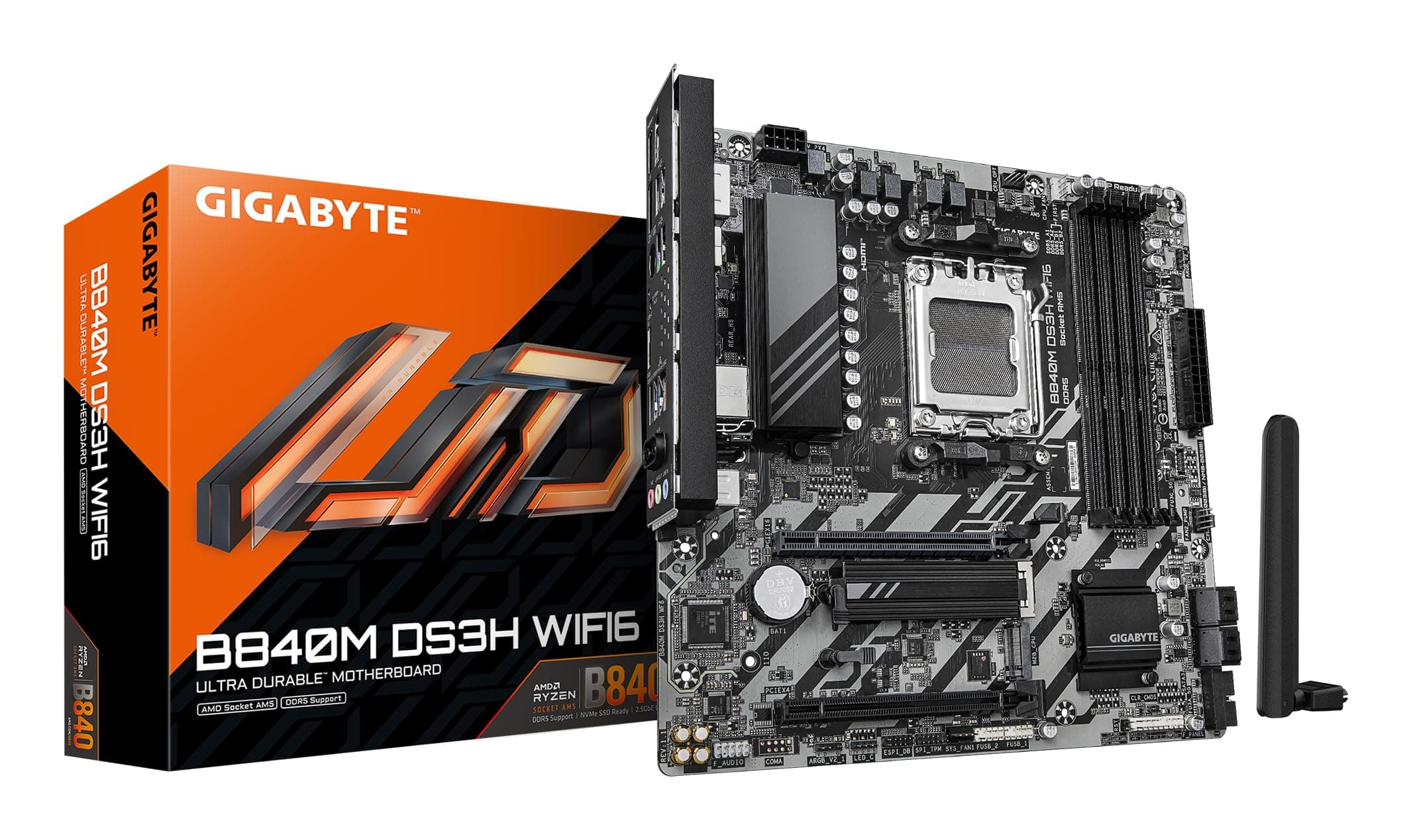 GIGABYTE B840M DS3H WIFI6 Mainboard – AMD Ryzen 9000 Prozessoren, 8+2+2 Phasen VRM, bis zu 8200 MHz DDR5, 2 x PCIe 4.0 M.2, Wi-Fi 6, 2,5 GbE LAN, USB 3.2 Gen 1 Bild 2
