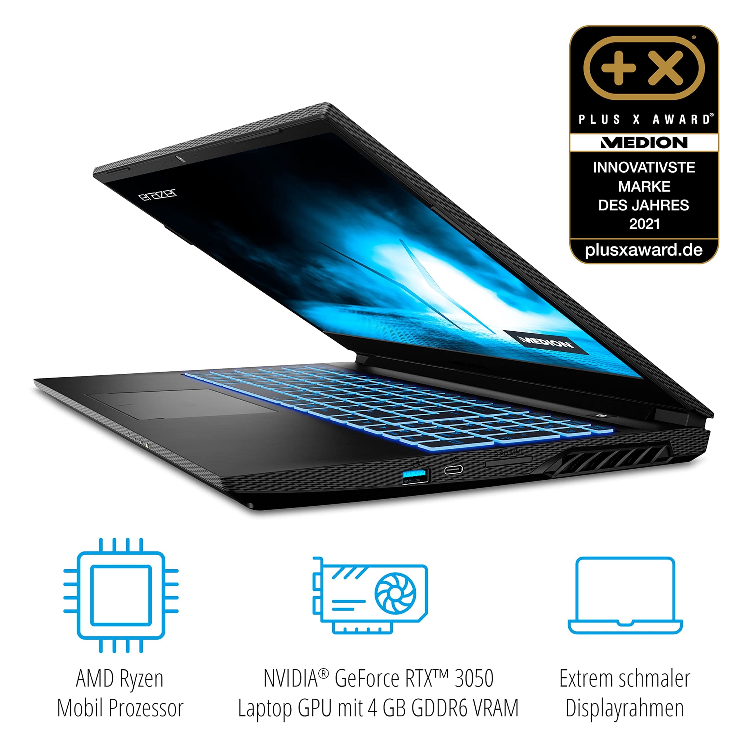 MEDION ERAZER Crawler E25 39,6 cm (15,6 Zoll) Full HD Gaming Notebook (AMD Ryzen 5 5600H, 16GB DDR4 RAM, 512GB PCIe SSD, NVIDIA GeForce RTX 3050 4GB GDDR6, RGB Backlit, Win 11 Home) Bild 3