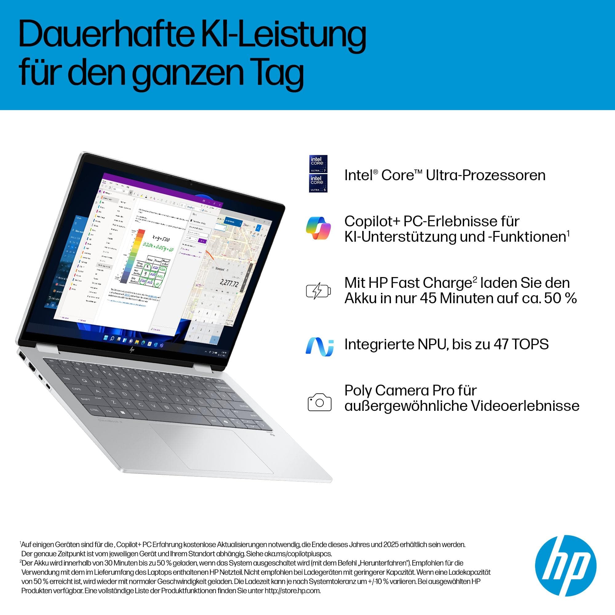 HP OmniBook X Flip 2-in-1 Laptop (14 Zoll 3K OLED Touchscreen, Intel Core Ultra 7, Copilot+ PC, 16GB RAM, 1TB, Win11, QWERTZ) - Silberr Intel Core Ultra 7 256V Intel Arc 140V GPU Bild 5