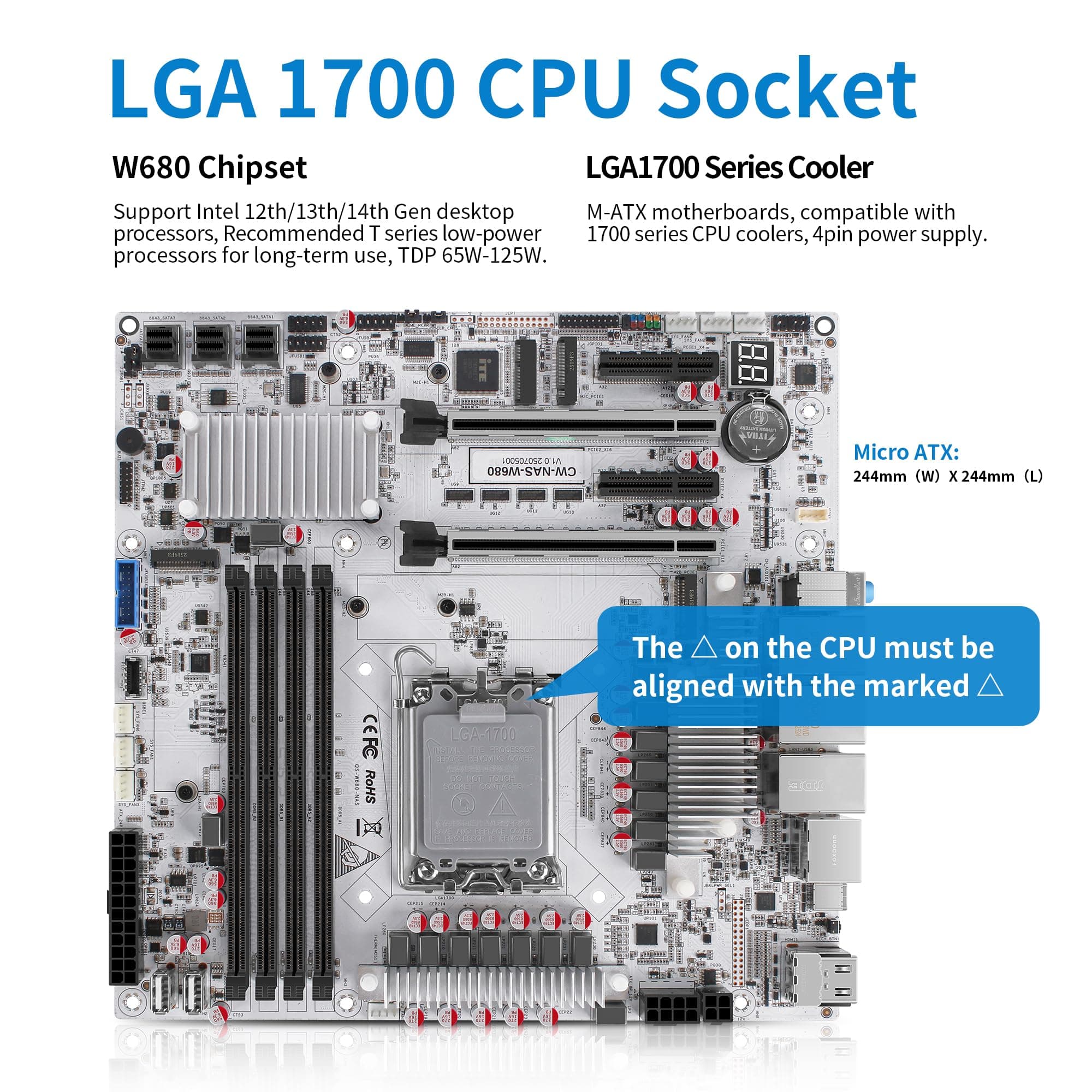 CWWK W680 NAS Motherboard Micro ATX 12 Bay, LGA 1700 mATX Weiß PC Mainboard mit 10GbE&2 * 2.5GbE LAN, 4 x DDR5 Desktop RAM (ECC), 3 x NVMe, PCIe5.0 x16, vPro (3X 4-SATA Cable) Bild 4