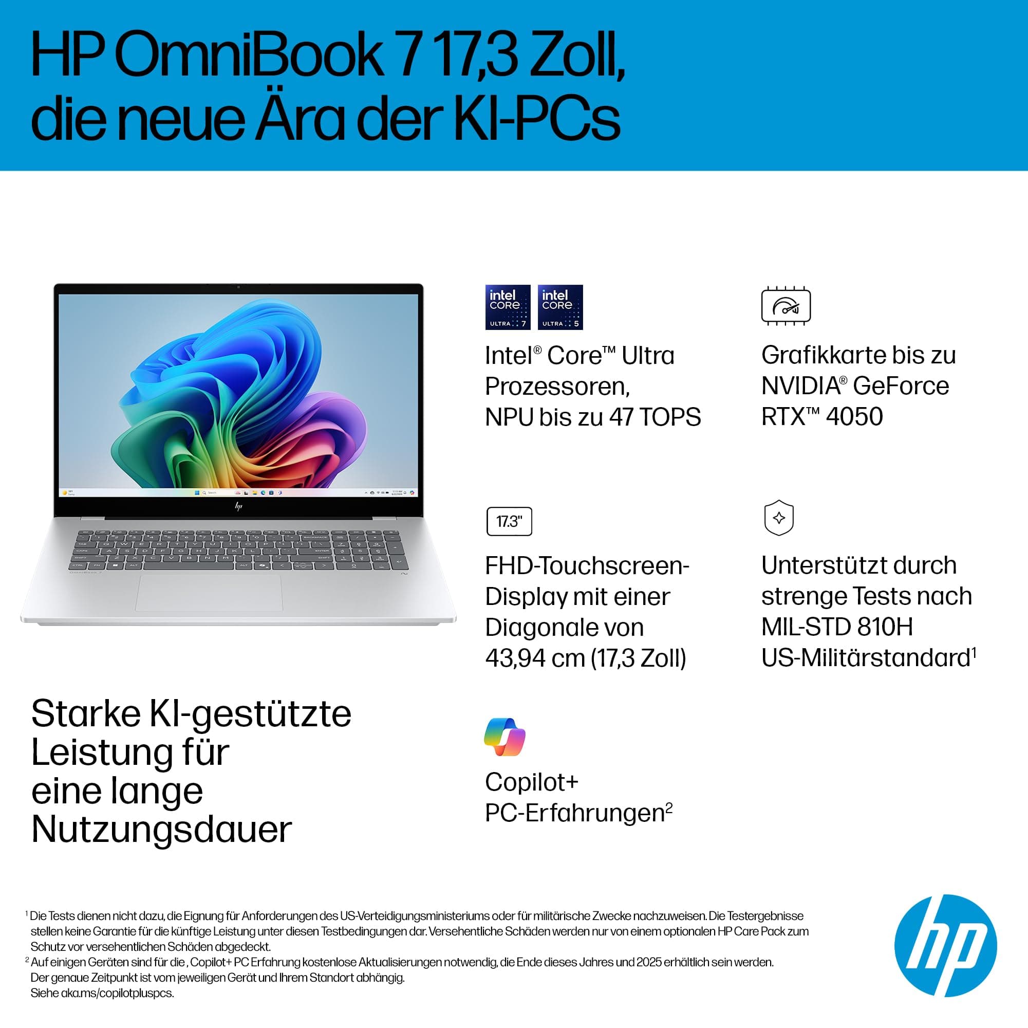 HP OmniBook 7 Laptop (17.3 Zoll FHD-Touchscreen, Intel Core Ultra 7, Copilot+, 16GB RAM, 1TB, Win11, QWERTZ) - Silber Intel Core Ultra 7 256V 17,3 Zoll FHD Touchscreen Bild 2