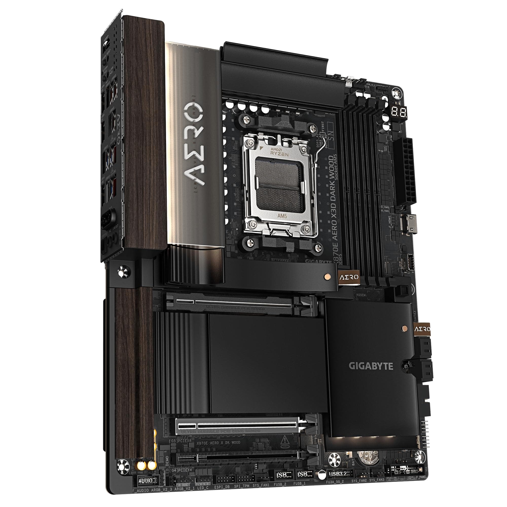 GIGABYTE X870E AERO X3D Dark Wood Mainboard – Unterstützt AMD Ryzen 9000 CPUs, digitales 16+2+2-Phasen-VRM, bis zu 9000 Hz DDR5 (OC), 2× PCIe 5.0 + 2× PCIe 4.0, Wi-Fi 7, 5-GbE-LAN, USB 4 Bild 5