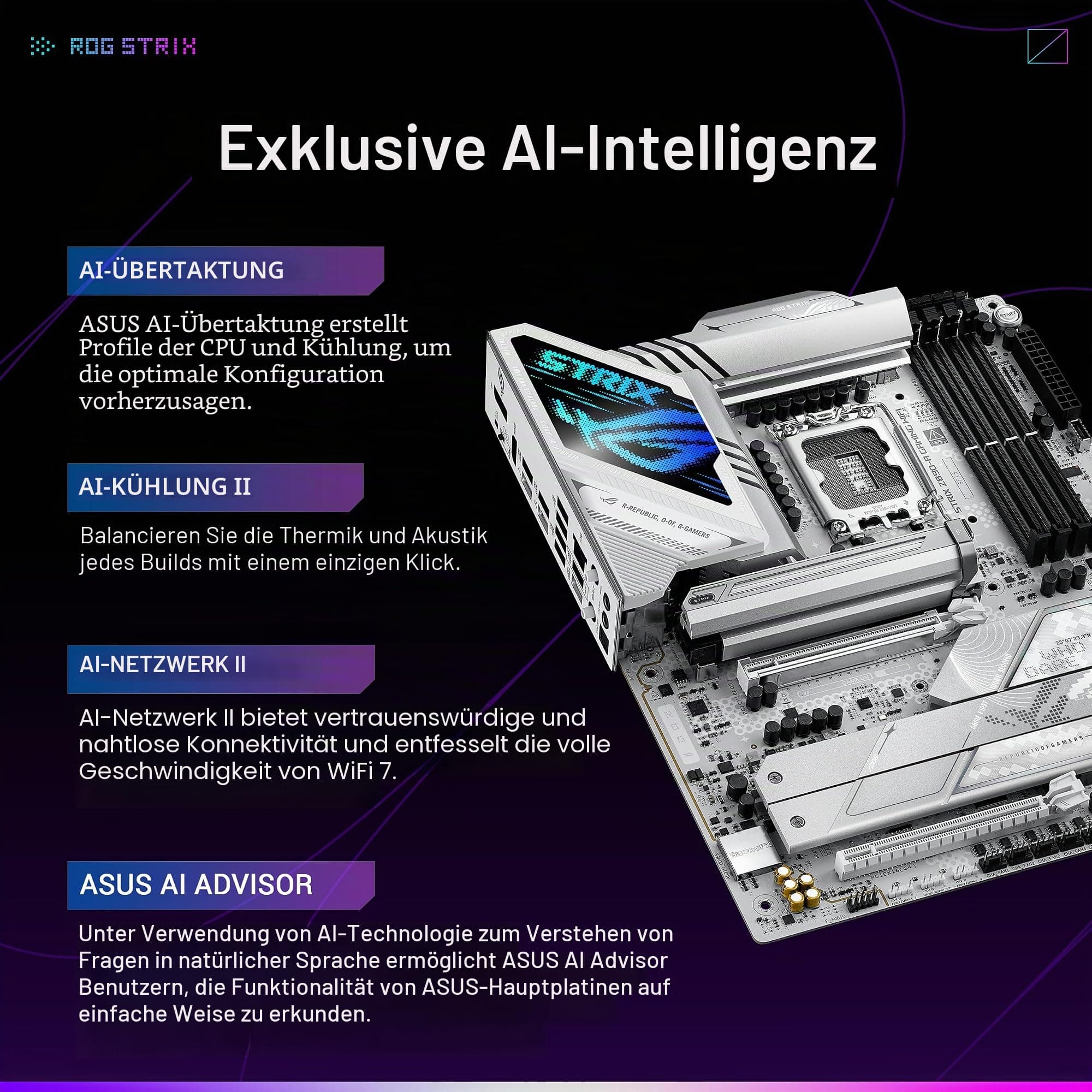 ASUS ROG Strix Z890-A Gaming WiFi Z890 LGA 1851 ATX Motherboard Intel® Core™ Ultra Series 2 Ready, Advanced AI PC-Ready, 16+2+1+2 Schritte, DDR5, WiFi 7, 2.5G, 5X M.2, Thunderbolt™ 4, USB Type-C, AI Bild 3
