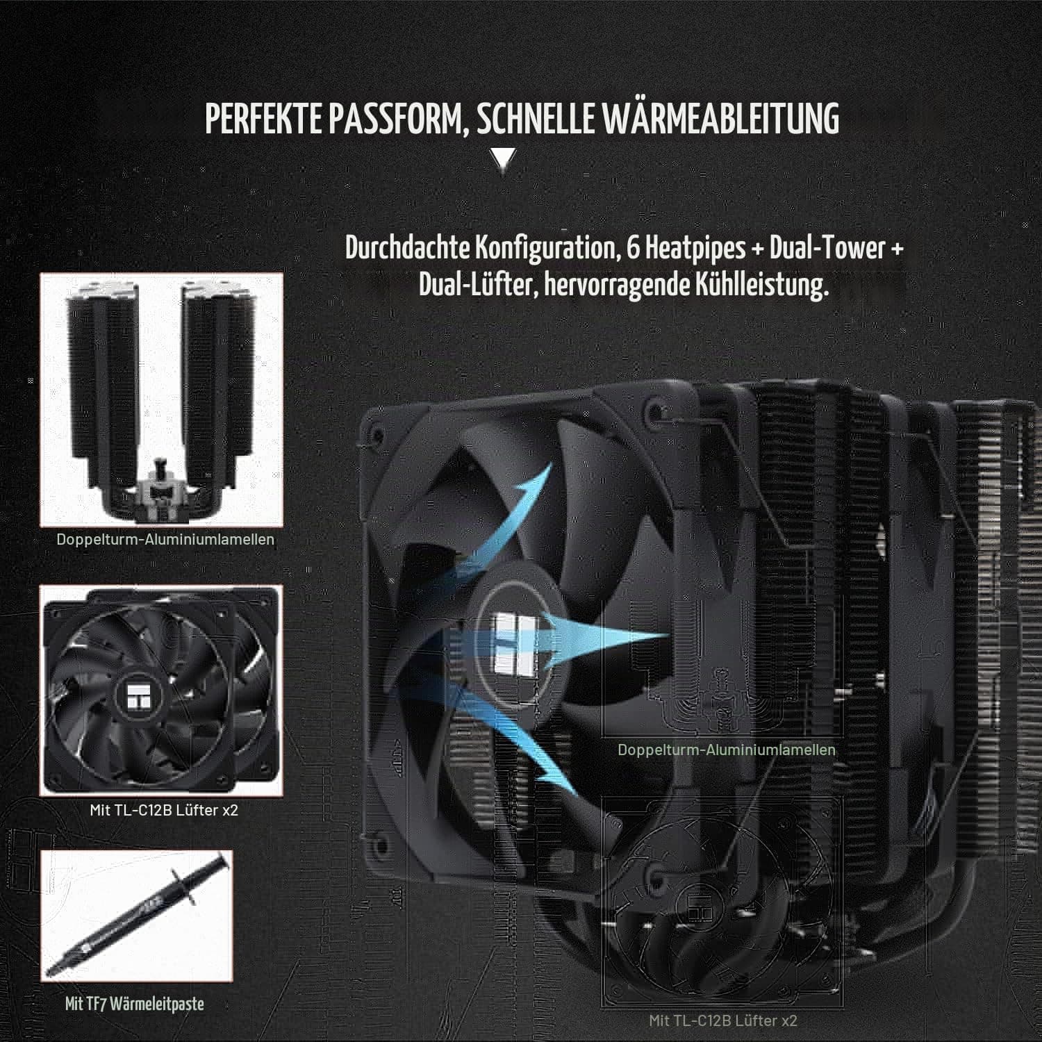 Thermalright Peerless Assassin 120 Black CPU-Luftkühler, 6 Heatpipes, zwei 120mm C12B PWM Lüfter, Aluminium-Kühlkörperabdeckung, AGHP-Technologie, für AMD AM4/Intel LGA 1700/1150/1151/1200/2066/2011 PA120 BLACK Bild 7