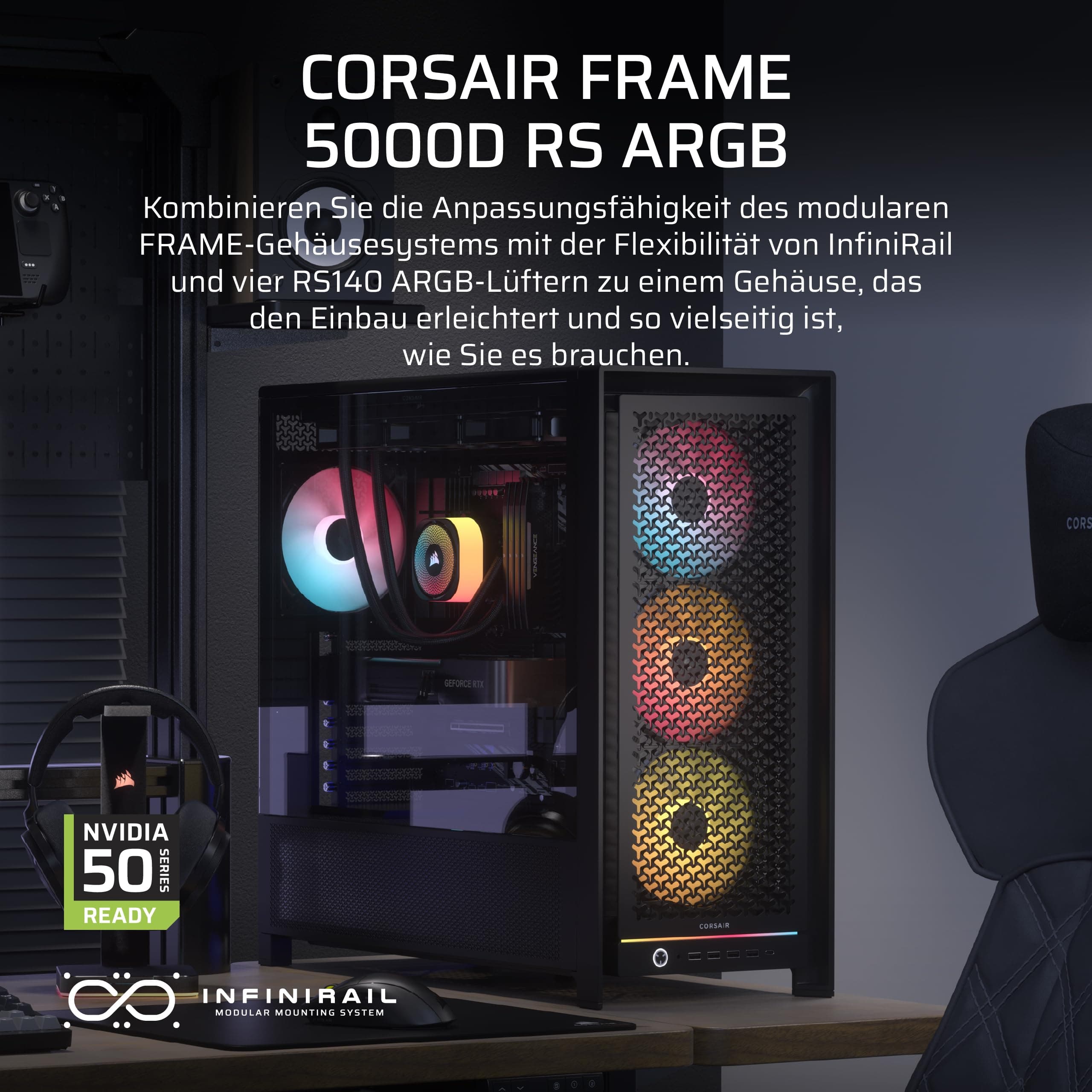 CORSAIR Frame 5000D RS ARGB Modulares Hohem Luftstrom Mid-Tower-PC-Gehäuse – 4X Vorinstallierte RS-Lüfter, InfiniRail-Lüfterbefestigungssystem, Kompatibel mit Reverse-Connector-Mainboards – Schwarz Bild 3
