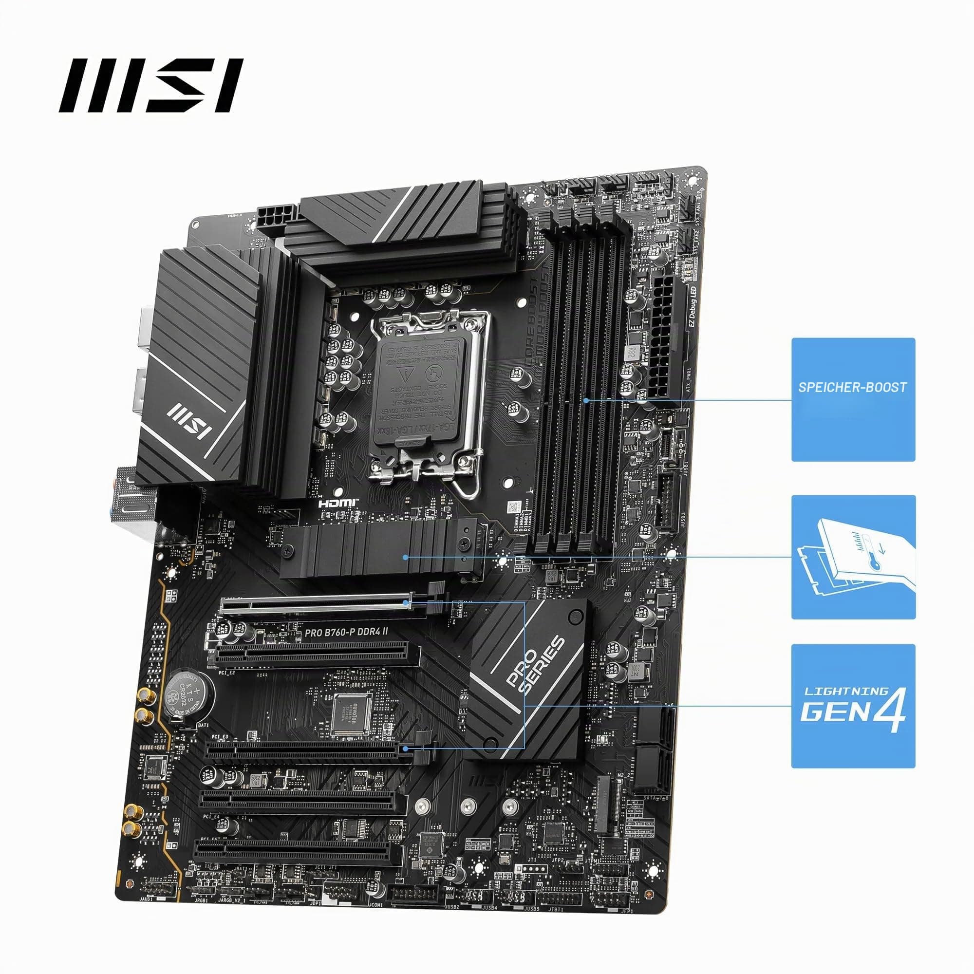MSI PRO B760-P DDR4 II Mainboard, Micro-ATX - Unterstützt Intel Core Prozessoren der 12., 13. & 14. Generation, LGA 1700 - DDR4 Memory Boost 5333+MHz/OC, PCIe 4.0 x16 Slots, M.2 Gen4 Slots, 2.5G LAN Bild 5