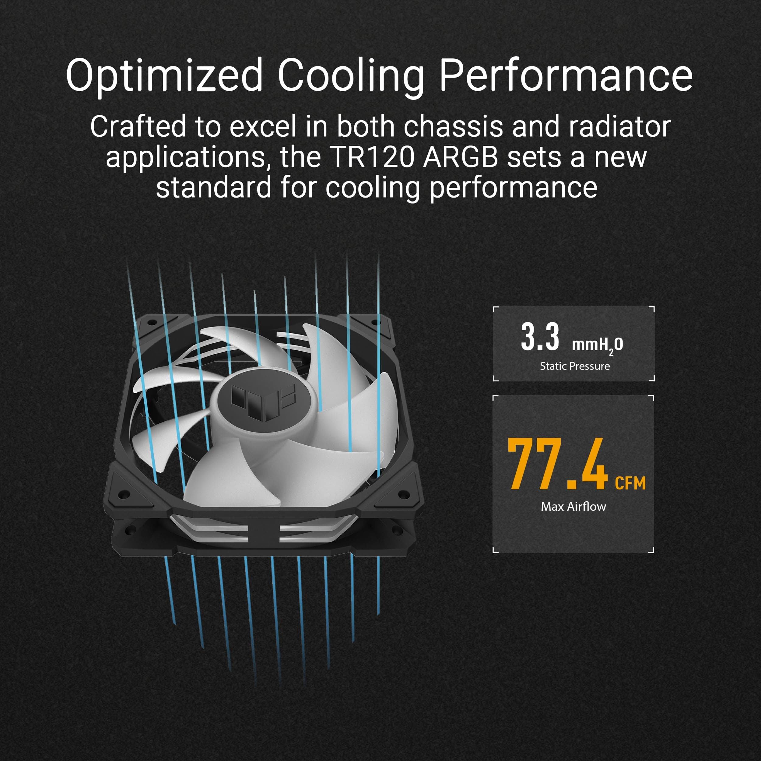 ASUS TUF Gaming TR120 ARGB Standard Blade Black 3IN1 Gehäuselüfter 3er Pack (120mm PWM PC Lüfter, 2000 RPM, 3,3 mm H2O, 77,4 CFM Luftstrom, 16 einzeln adressierbare RGB-LEDs, schwarz) Bild 5