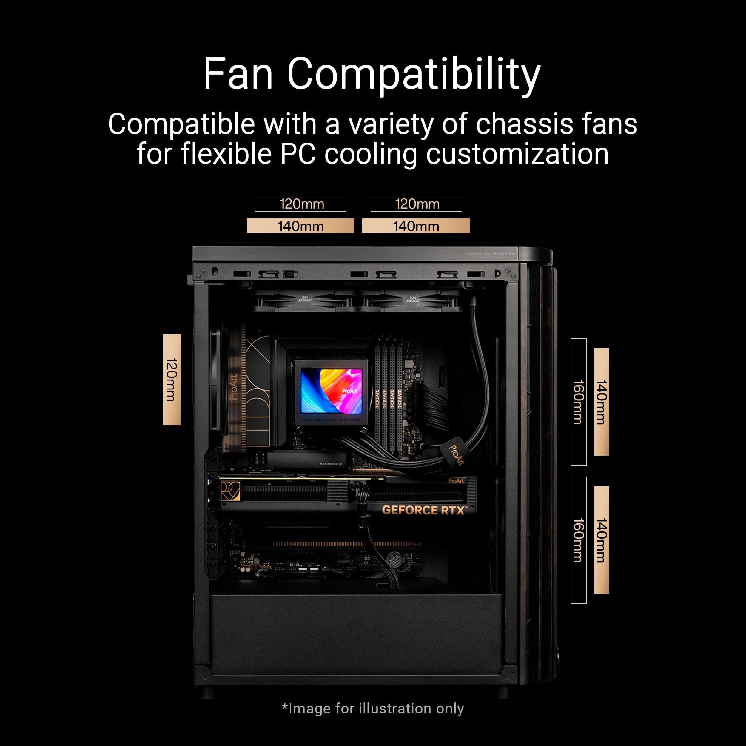 ASUS ProArt PA401 Wood Edition ATX-Gehäuse mit Metallplatte, kompatibel mit 314-mm-GPUs, kompatibel mit 240-mm-Radiatoren, Zwei 160-mm-Lüfter, abnehmbare PSU-Halterung, Beige Bild 7