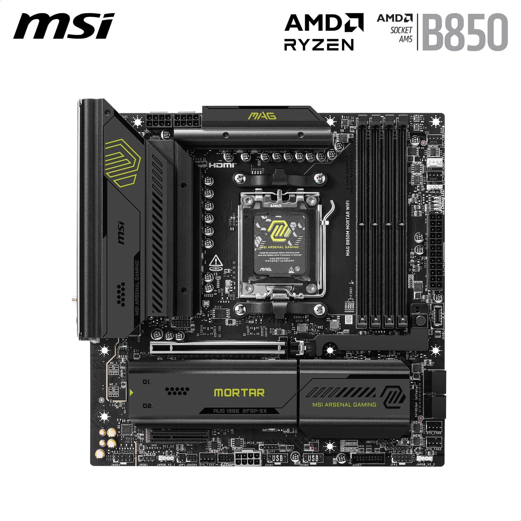 MSI MAG B850M Mortar WiFi Mainboard, mATX - Unterstützt AMD Ryzen 9000/8000 / 7000 Prozessoren, AM5-60A SPS VRM, DDR5 Memory Boost 8200+ MT/s (OC), PCIe 5.0 x16, M.2 Gen5, Wi-Fi 7, 5G LAN Bild 4