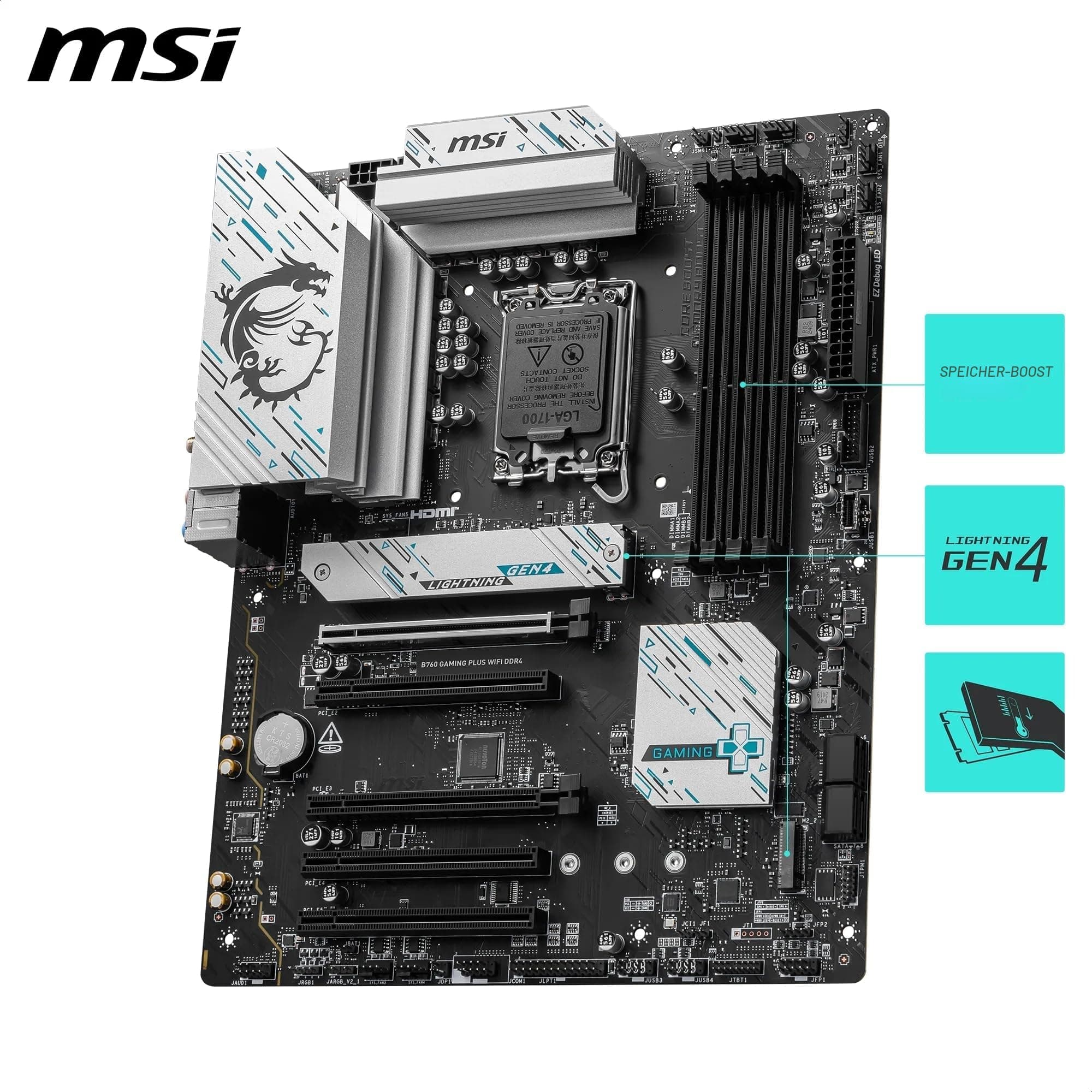 MSI B760 Gaming Plus WiFi DDR4 Mainboard, ATX - Unterstützt Intel Core Prozessoren der 14., 13. und 12. Generation, LGA 1700 - DDR4 5333+MHz/OC, 1x PCIe 4.0 x16, 2 x M.2 Gen4, 2,5G LAN, WIFI6E Bild 6