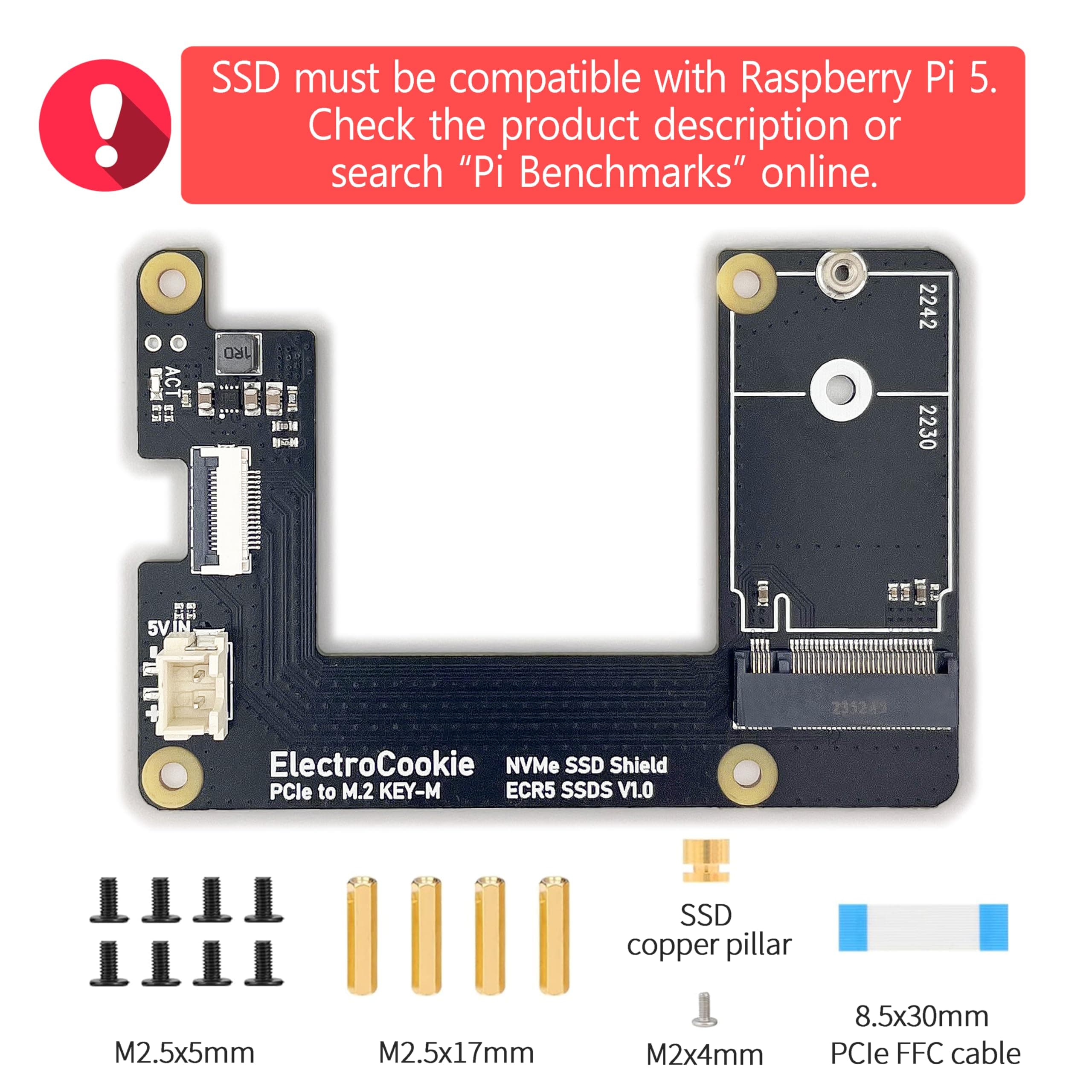 ELECTROCOOKIE PCIe auf M.2 NVMe SSD HAT Board für Raspberry Pi 5 - Aluminium, unterstützt Key-M 2230 & 2242 SSD Größen Bild 3