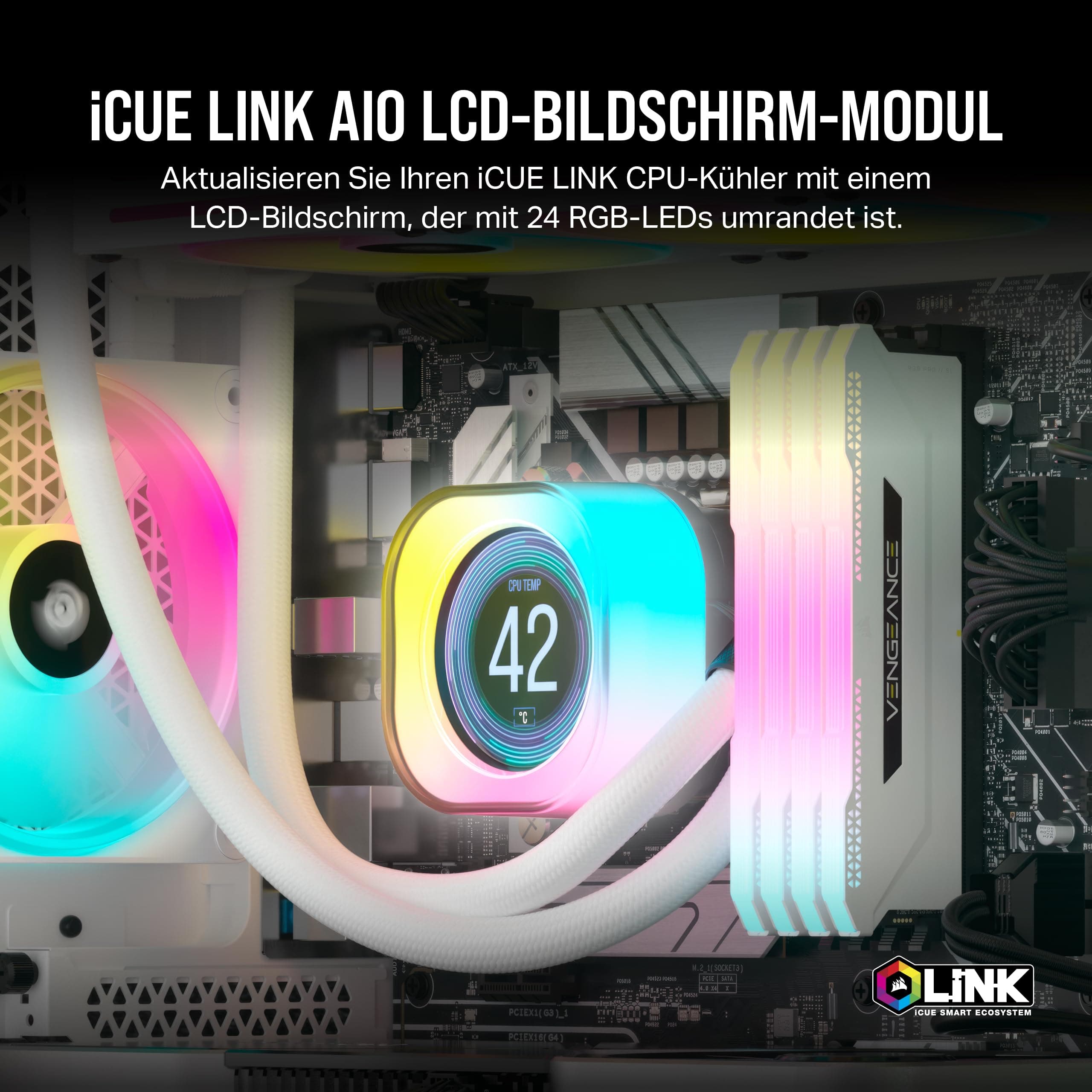 CORSAIR iCUE LINK AIO LCD-Bildschirmmodul - 2.1" IPS LCD-Bildschirm - 24 Einzeln Adressierbare RGB-LEDs - Werkzeuglose Installation - Weiß Bild 3