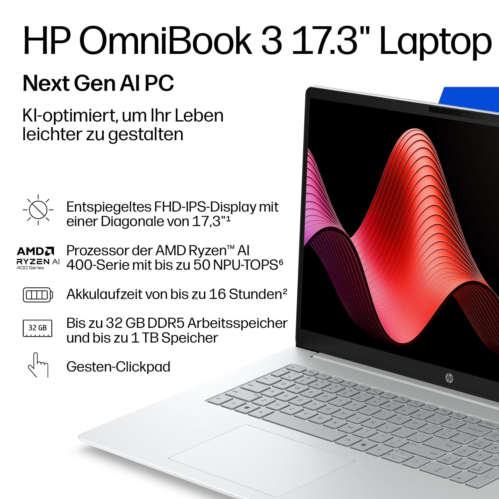 HP OmniBook 3 Laptop (17,3" FHD Display, AMD Ryzen AI 7, Copilot+, 16GB RAM, 512GB, Win11, QWERTZ) - Silber AMD Ryzen AI 7, 16GB RAM, 512GB 17,3 Zoll Silber Bild 6