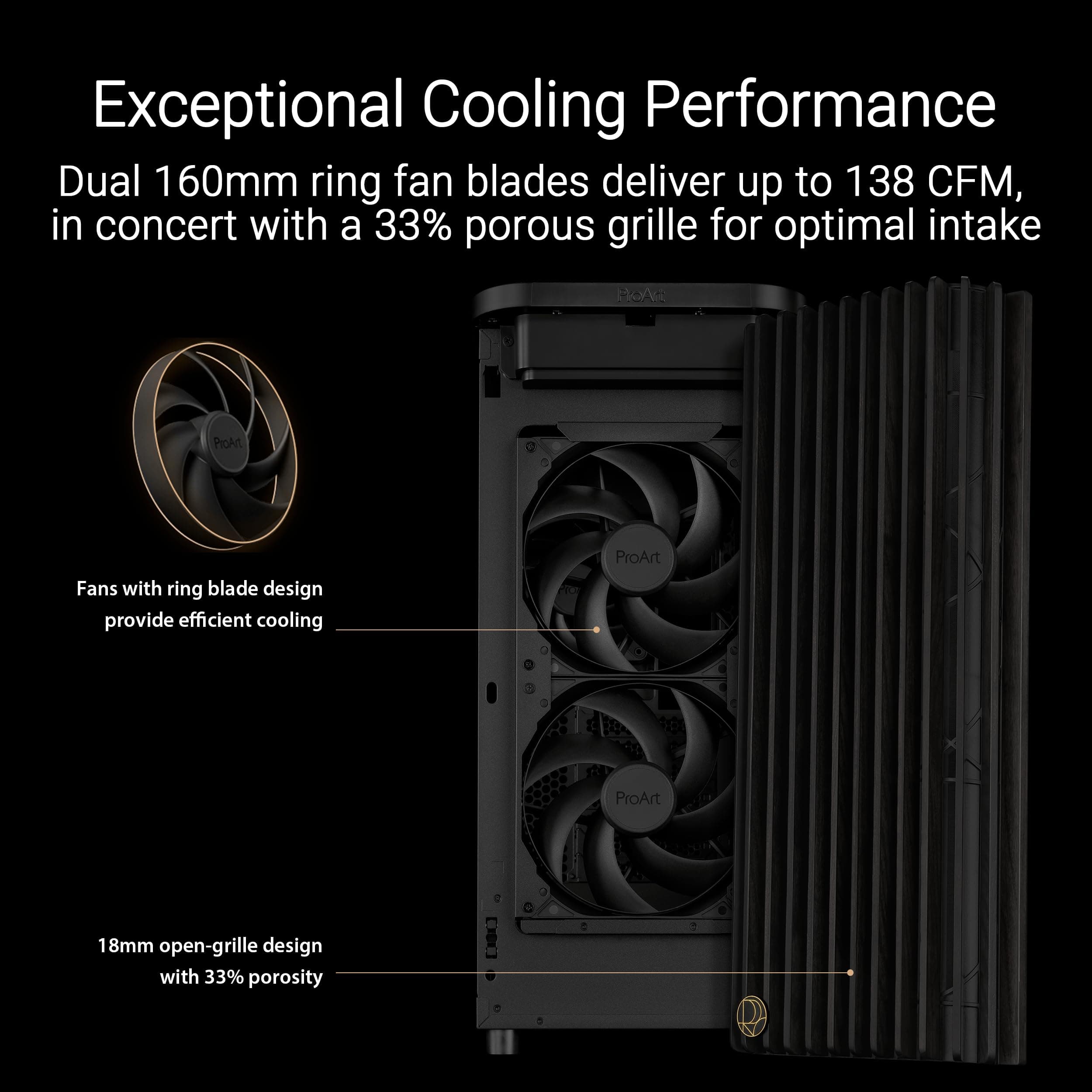ASUS ProArt PA401 Wood Edition ATX-Gehäuse mit Metallplatte, kompatibel mit 314-mm-GPUs, kompatibel mit 240-mm-Radiatoren, Zwei 160-mm-Lüfter, abnehmbare PSU-Halterung, Beige Bild 3