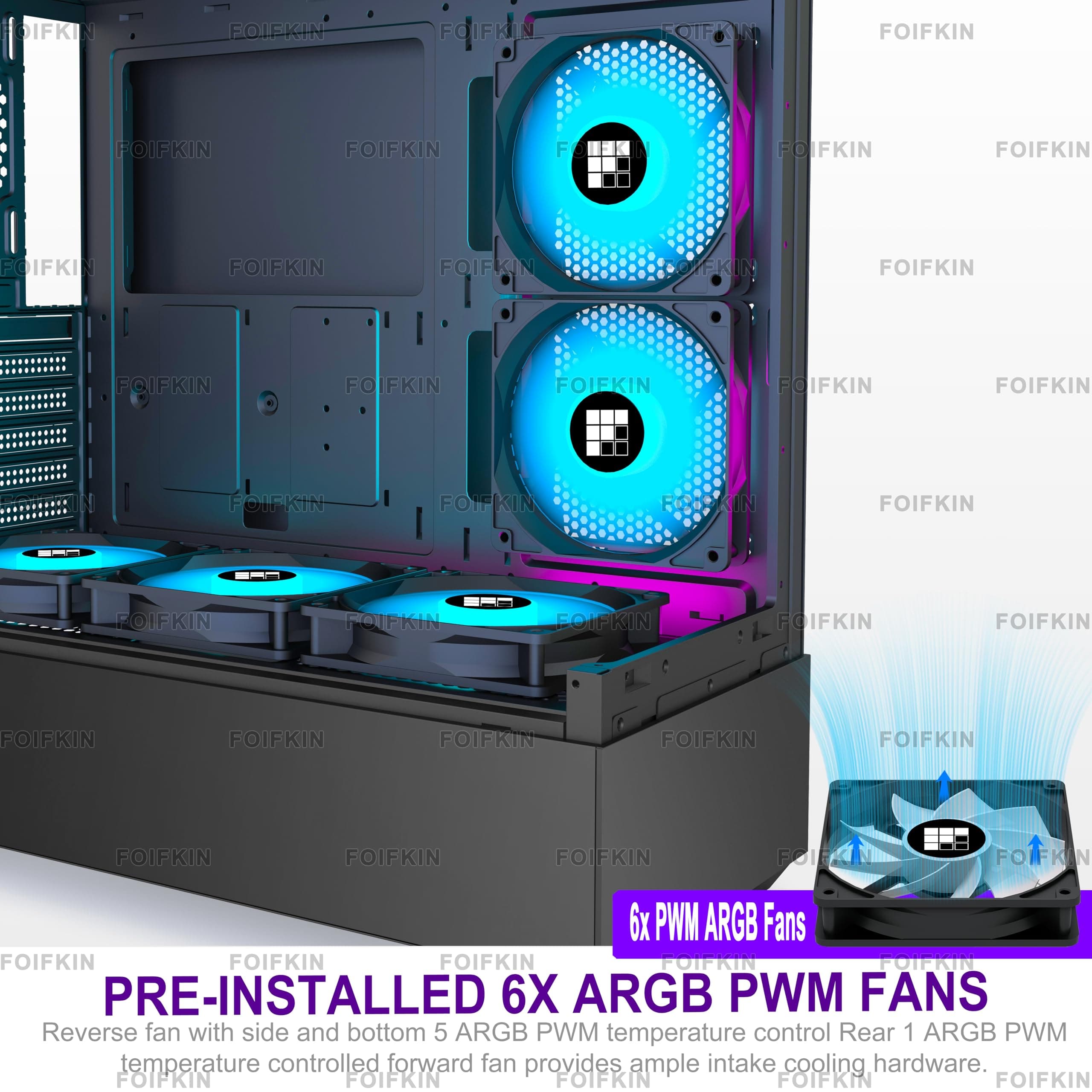 FOIFKIN F1 PC Gehäuse ATX- Pre-Install 6 PWM ARGB Lüfter, Mid-Tower Computer Gehäuse, Gaming PC- Gehäuse,270° Panorama Tempered Glass,mit Type-C, ATX Gehäuse (Schwarz, F1) Schwarz F01 Bild 7