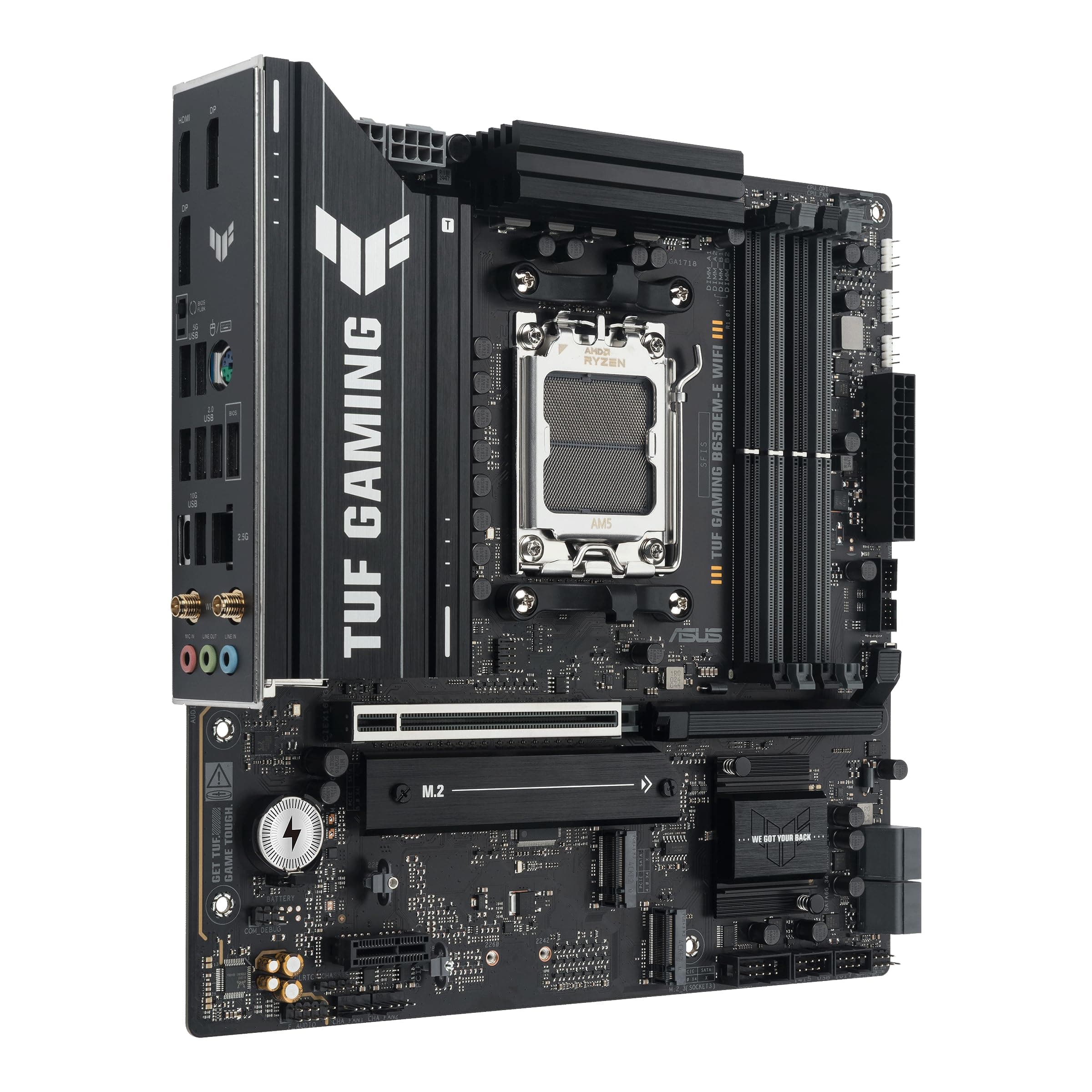ASUS TUF Gaming B650EM-E WiFi AMD mATX Motherboard, 8+2+1 80A DrMOS Power Stages, DDR5, PCIe 5.0, Three M.2 Slots, WiFi 6, 2.5Gb Ethernet, DisplayPort, HDMI™, Rear USB-C 10Gbps and Front USB-C 5Gbps Bild 3