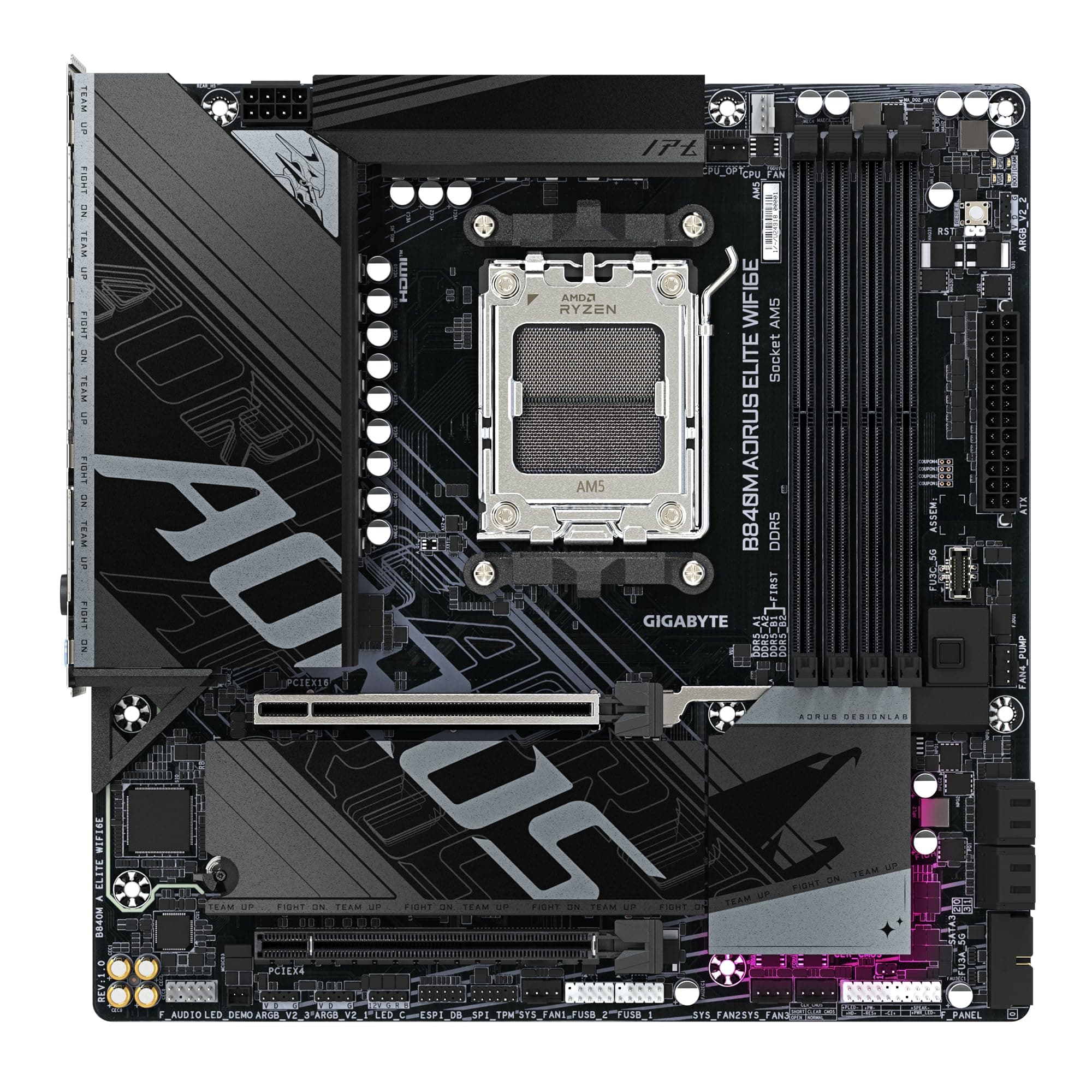 GIGABYTE B840M AORUS Elite WIFI6E Mainboard – AMD Ryzen 9000 Prozessoren, 10+2+2 Phasen VRM, bis zu 8200 MHz DDR5 (O.C.), 2 x M.2 PCIe 4.0, Wi-Fi 6E, 2.5 GbE LAN, USB 3.2 Gen 2 Bild 3